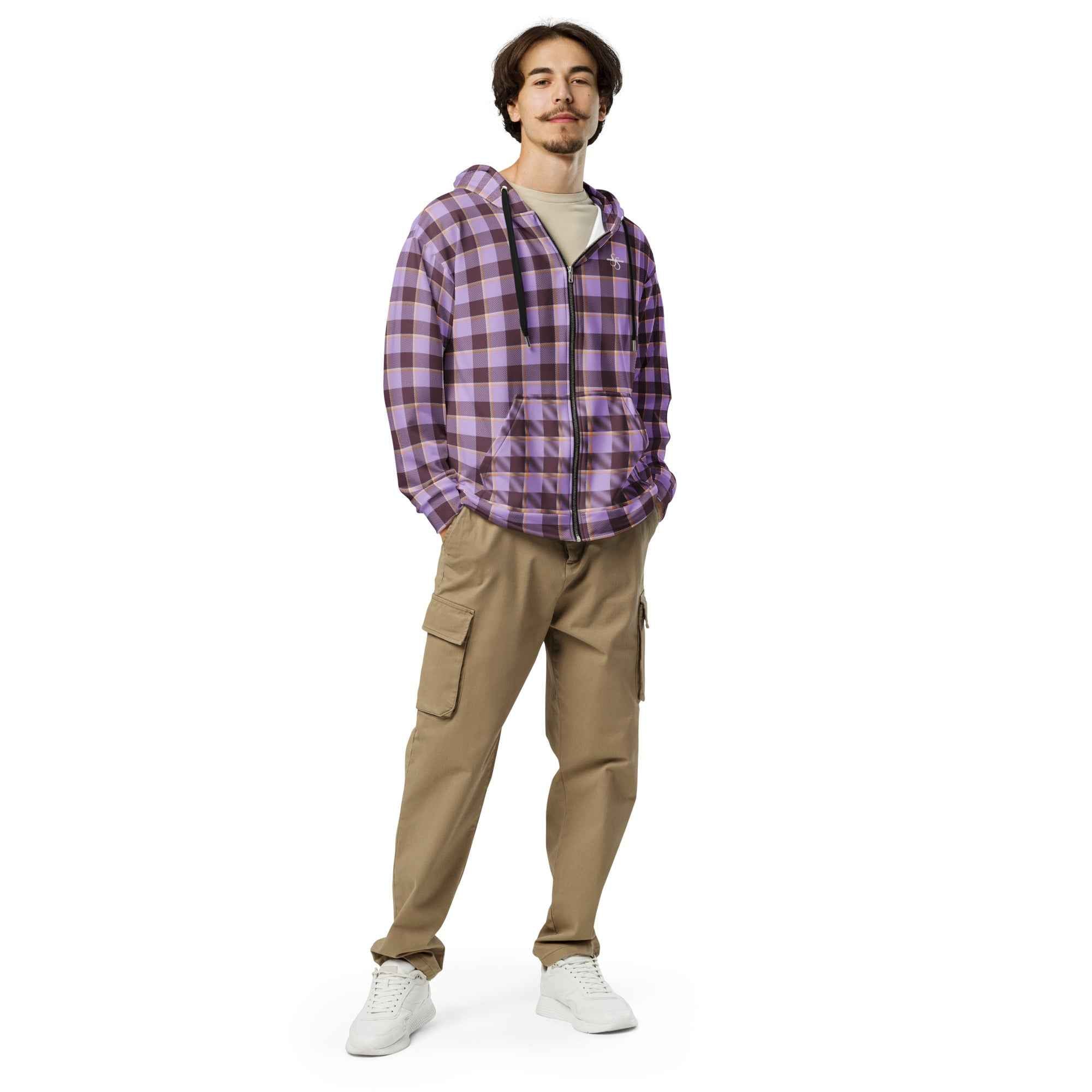 Unisex Zip Hoodie Light Wisteria and Livid Brown Plaid