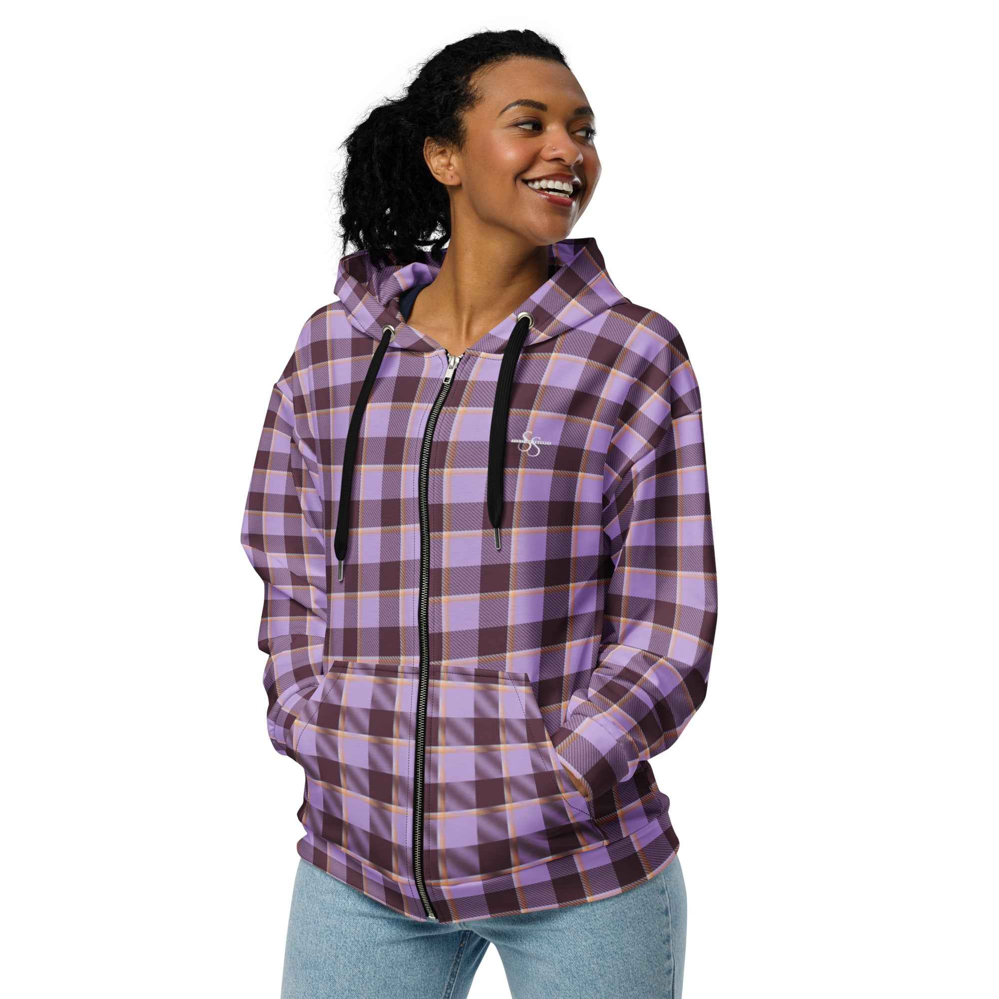 Unisex Zip Hoodie Light Wisteria and Livid Brown Plaid