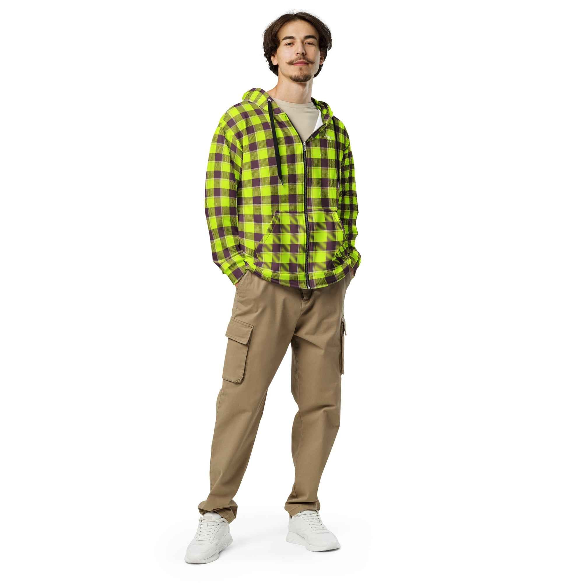 Unisex Zip Hoodie Electric Lime and Livid Brown Plaid
