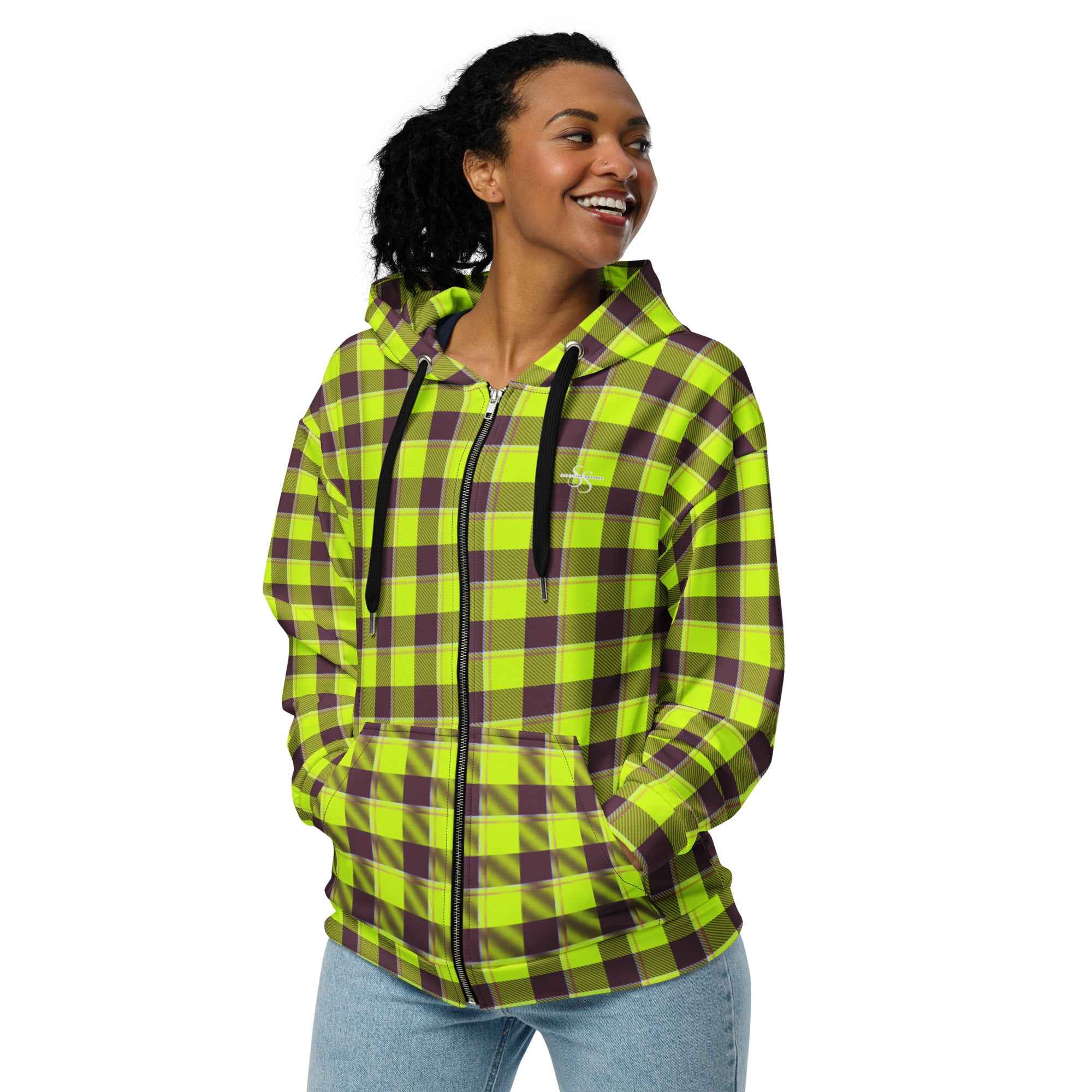 Unisex Zip Hoodie Electric Lime and Livid Brown Plaid