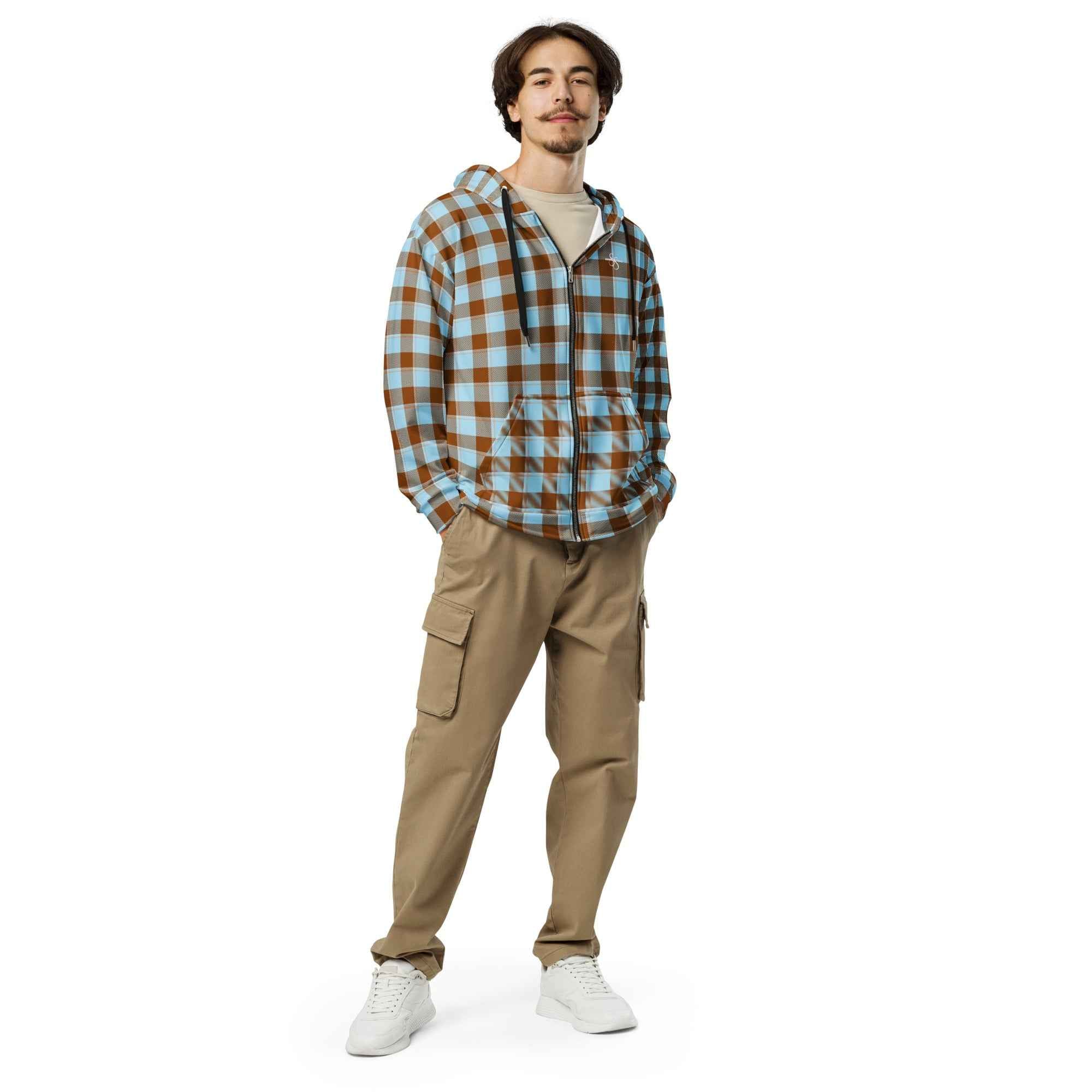 Unisex Zip Hoodie Blizzard Blue and Livid Brown Plaid