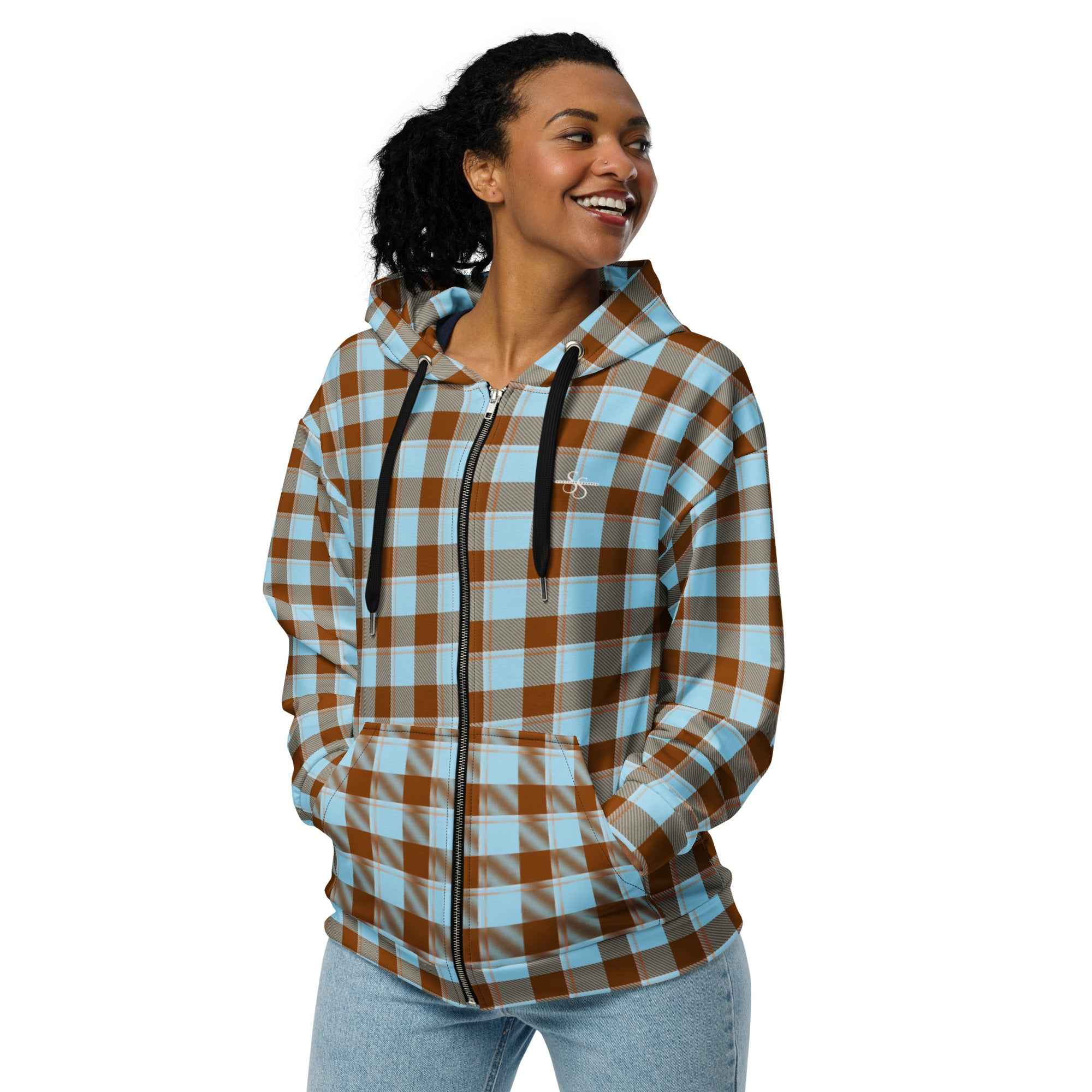 Unisex Zip Hoodie Blizzard Blue and Livid Brown Plaid
