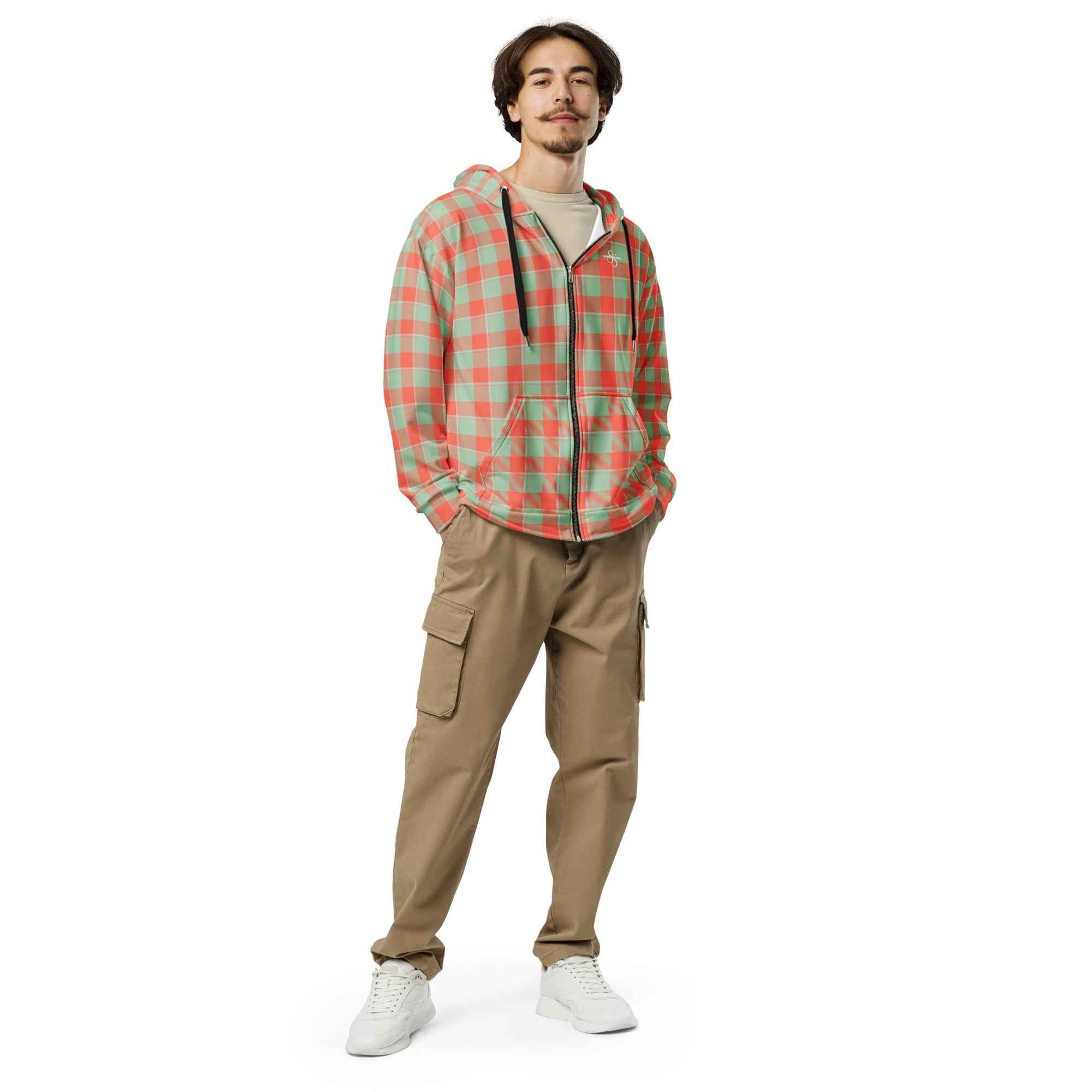 Unisex Zip Hoodie Spring Rain and Persimmon Plaid