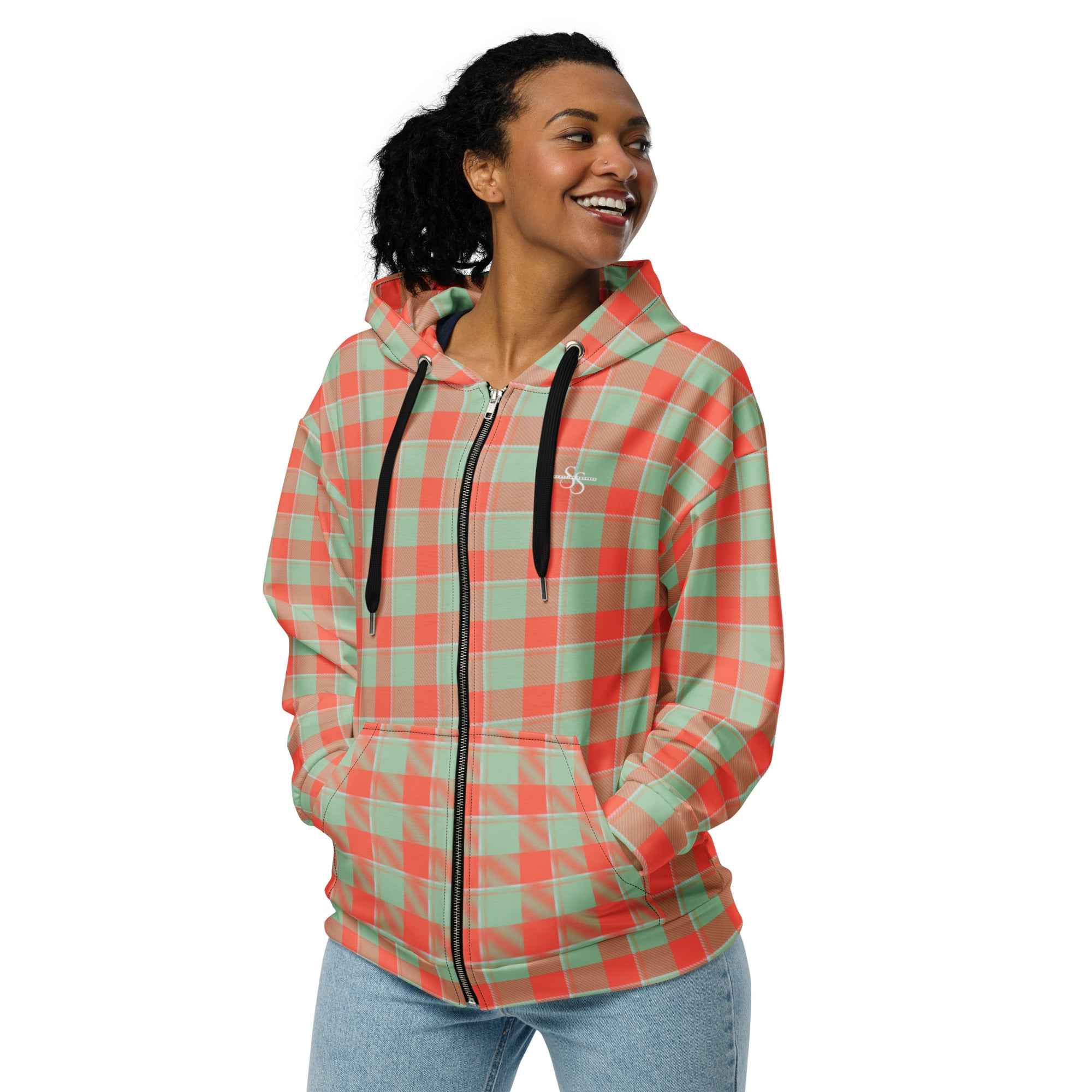 Unisex Zip Hoodie Spring Rain and Persimmon Plaid