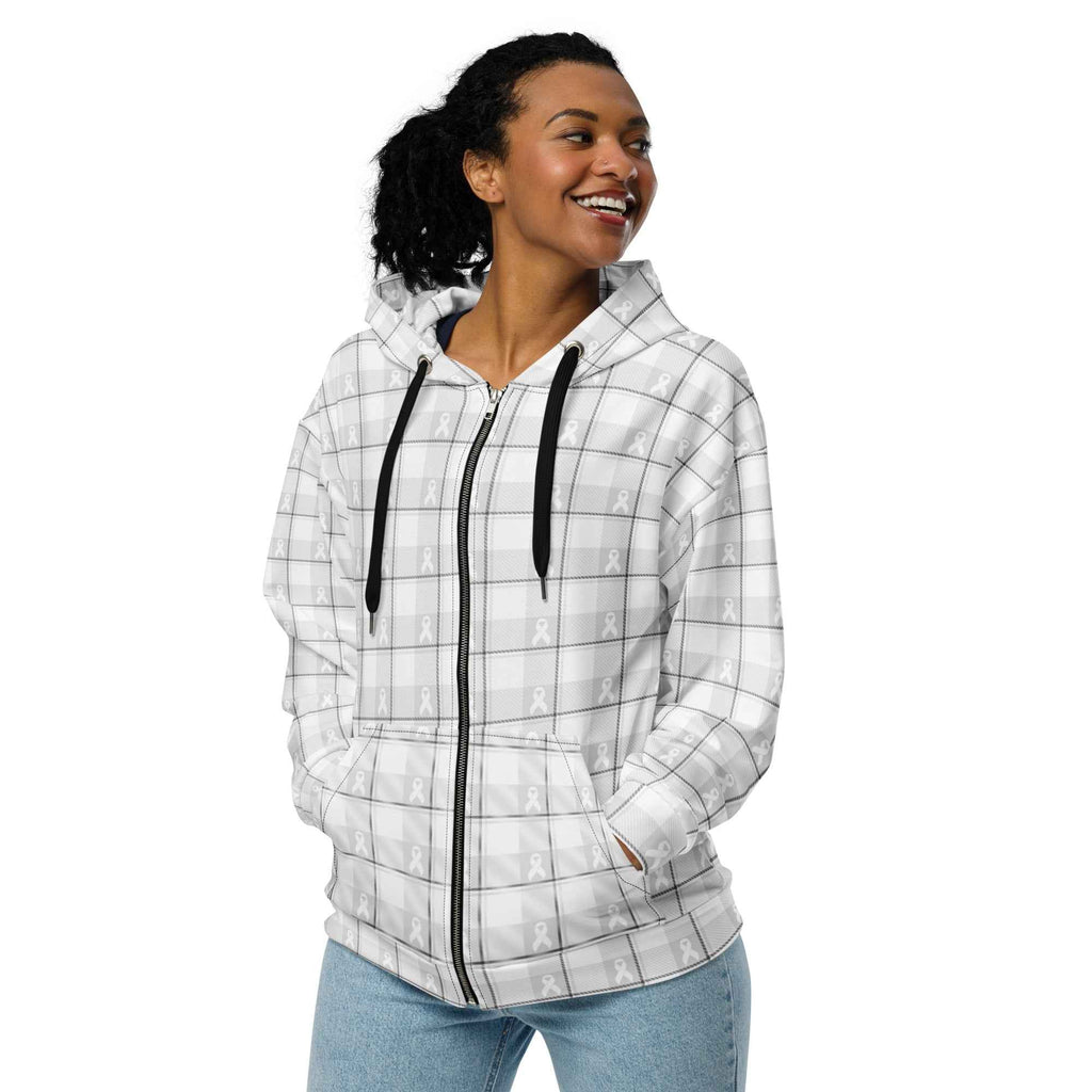 Unisex Zip Hoodie Lung Cancer Awareness Plaid, White Ribbon, Supportive Gift 6XL - Scottish Squares