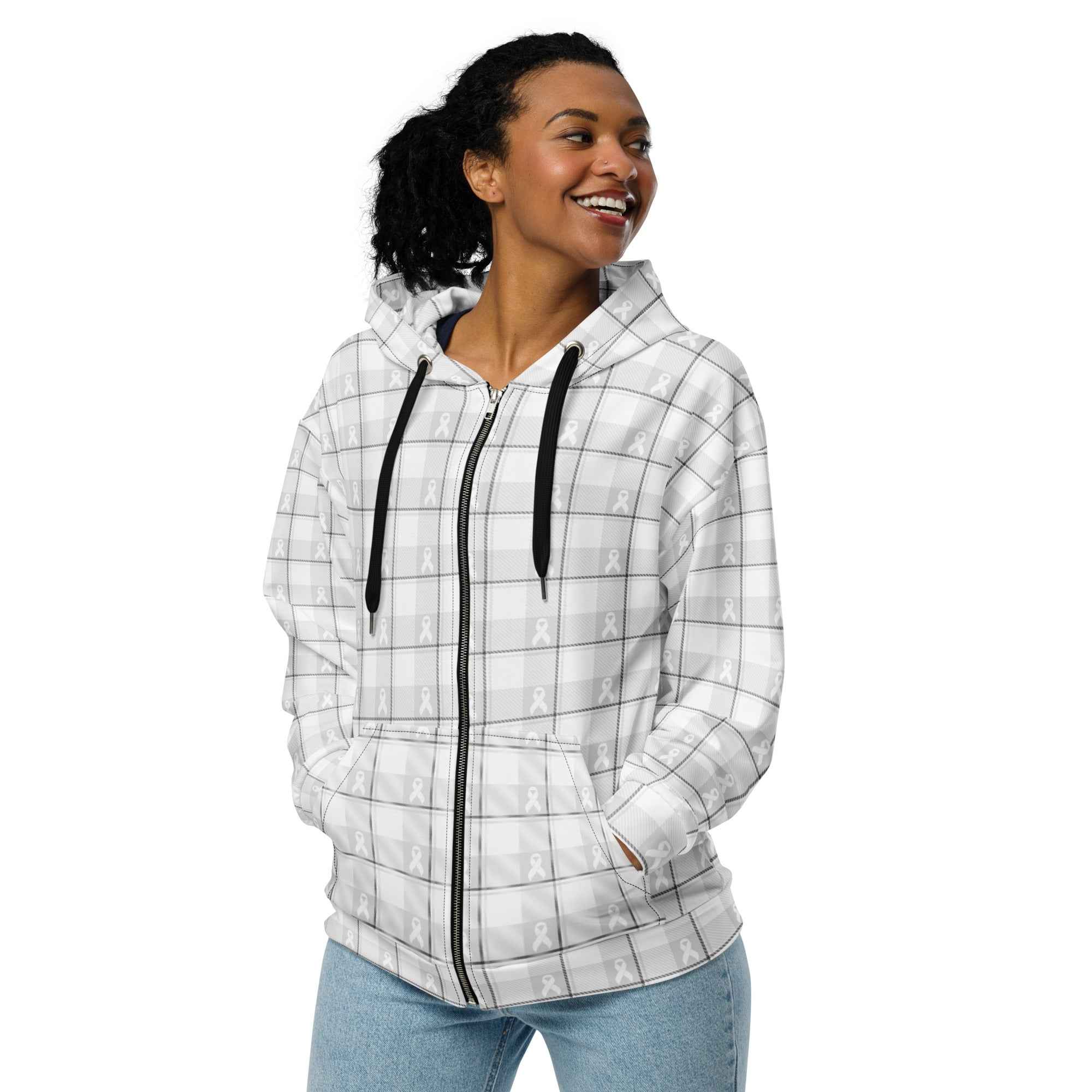 Unisex Zip Hoodie Lung Cancer Awareness Plaid, White Ribbon, Supportive Gift 6XL - Scottish Squares