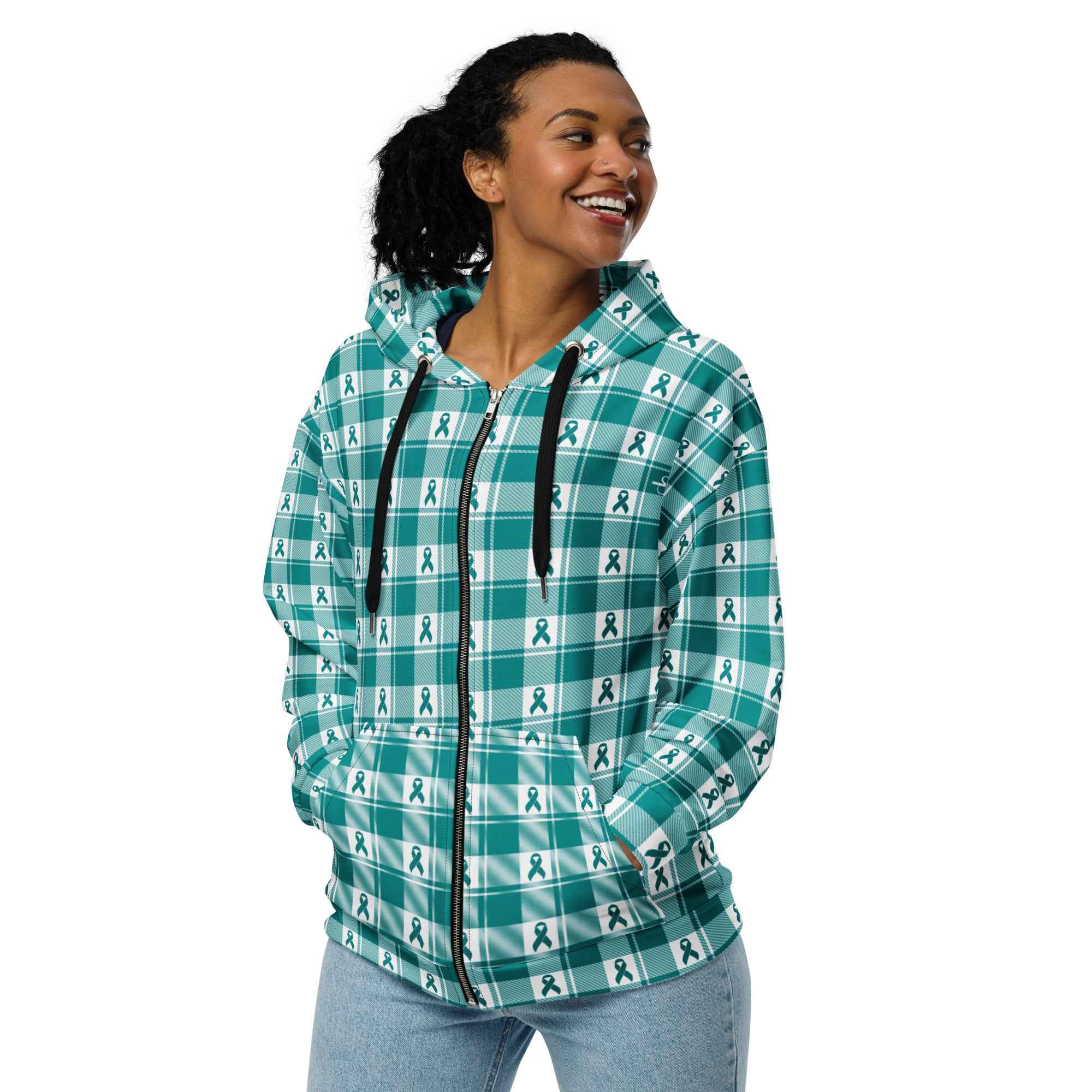 Unisex Zip Hoodie Cervical Cancer Awareness Plaid, Teal Ribbon, Supportive Gift 6XL - Scottish Squares