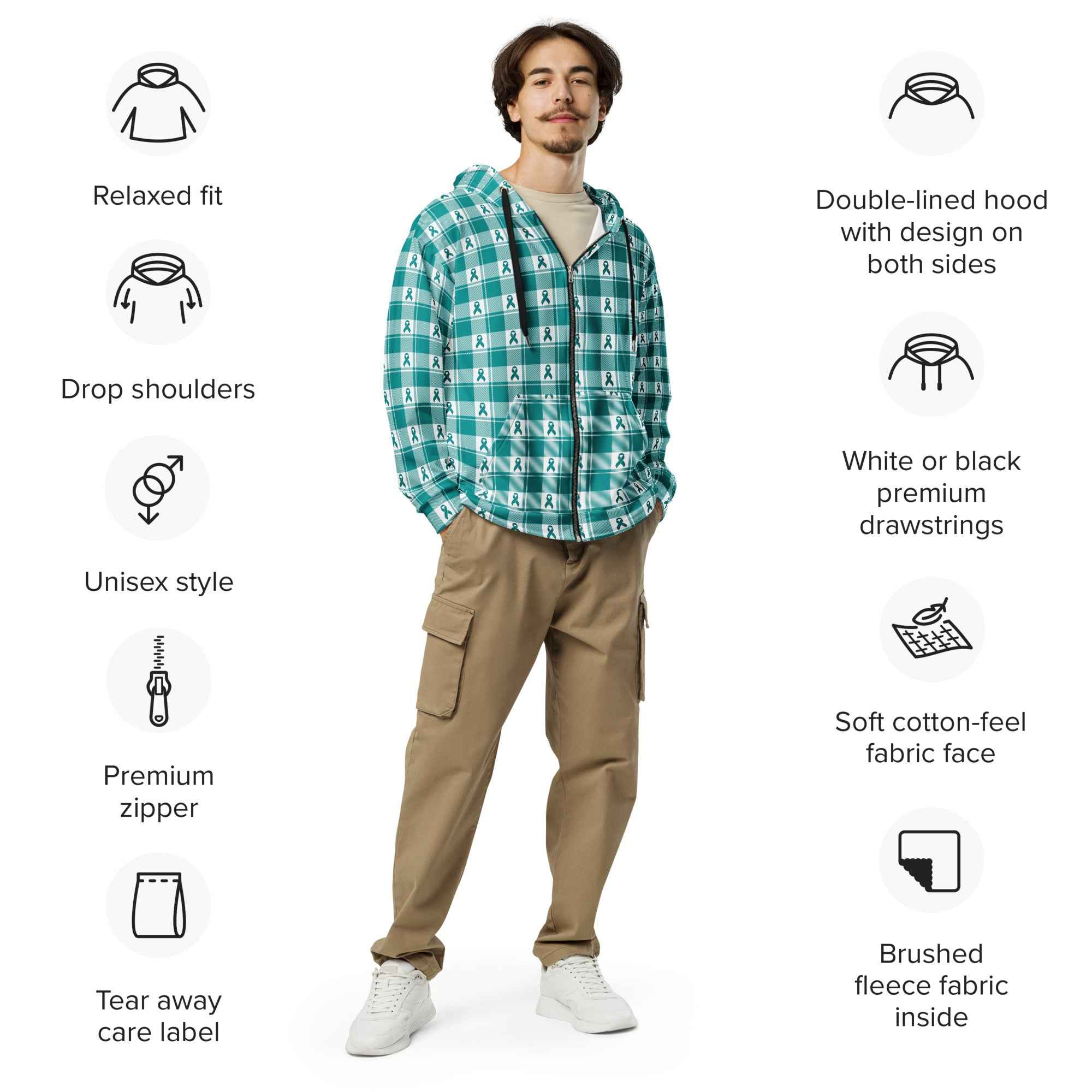 Unisex Zip Hoodie Cervical Cancer Awareness Plaid, Teal Ribbon, Supportive Gift - Scottish Squares