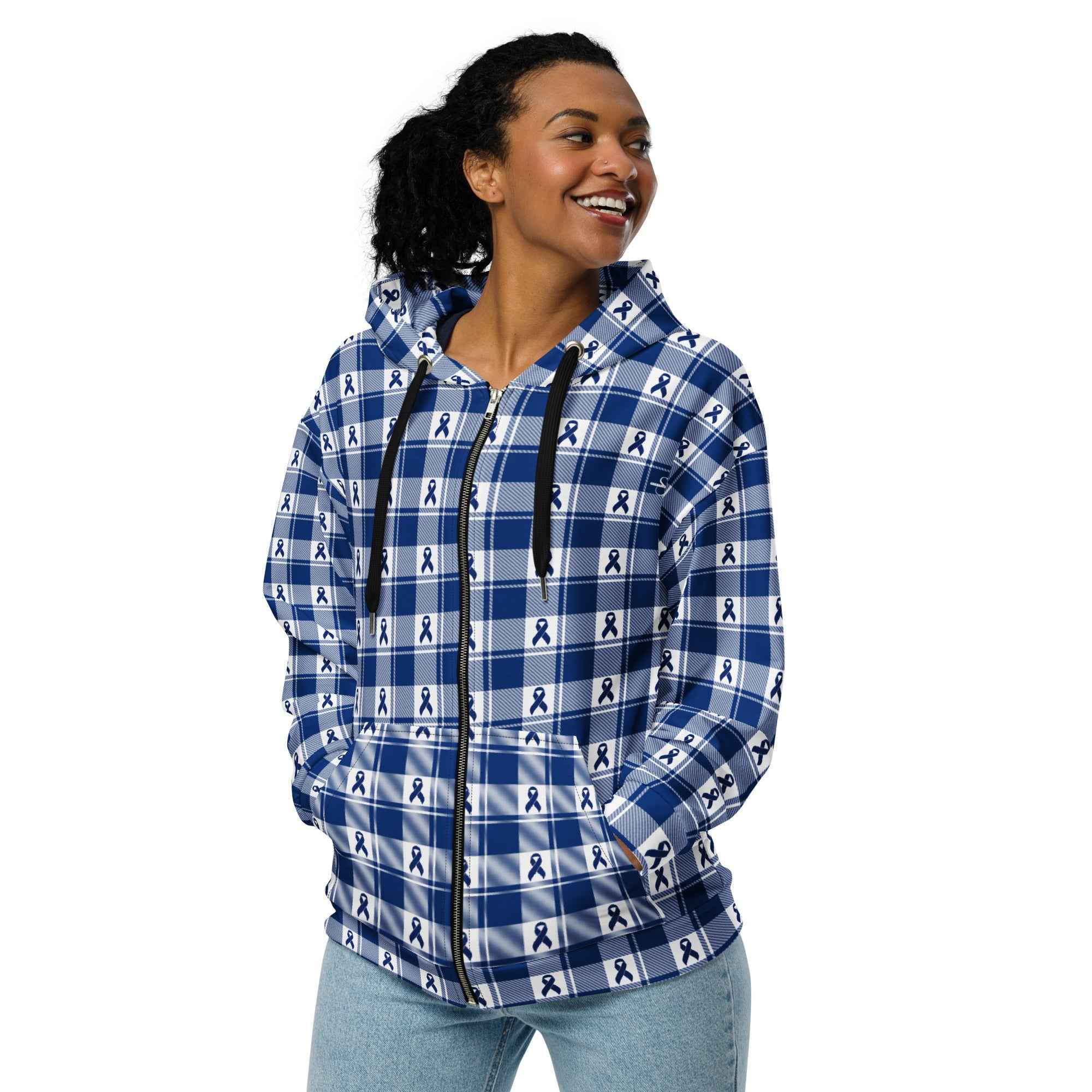 Unisex Zip Hoodie Colorectal Cancer Awareness Plaid, Dark Blue Ribbon, Supportive Gift 6XL - Scottish Squares