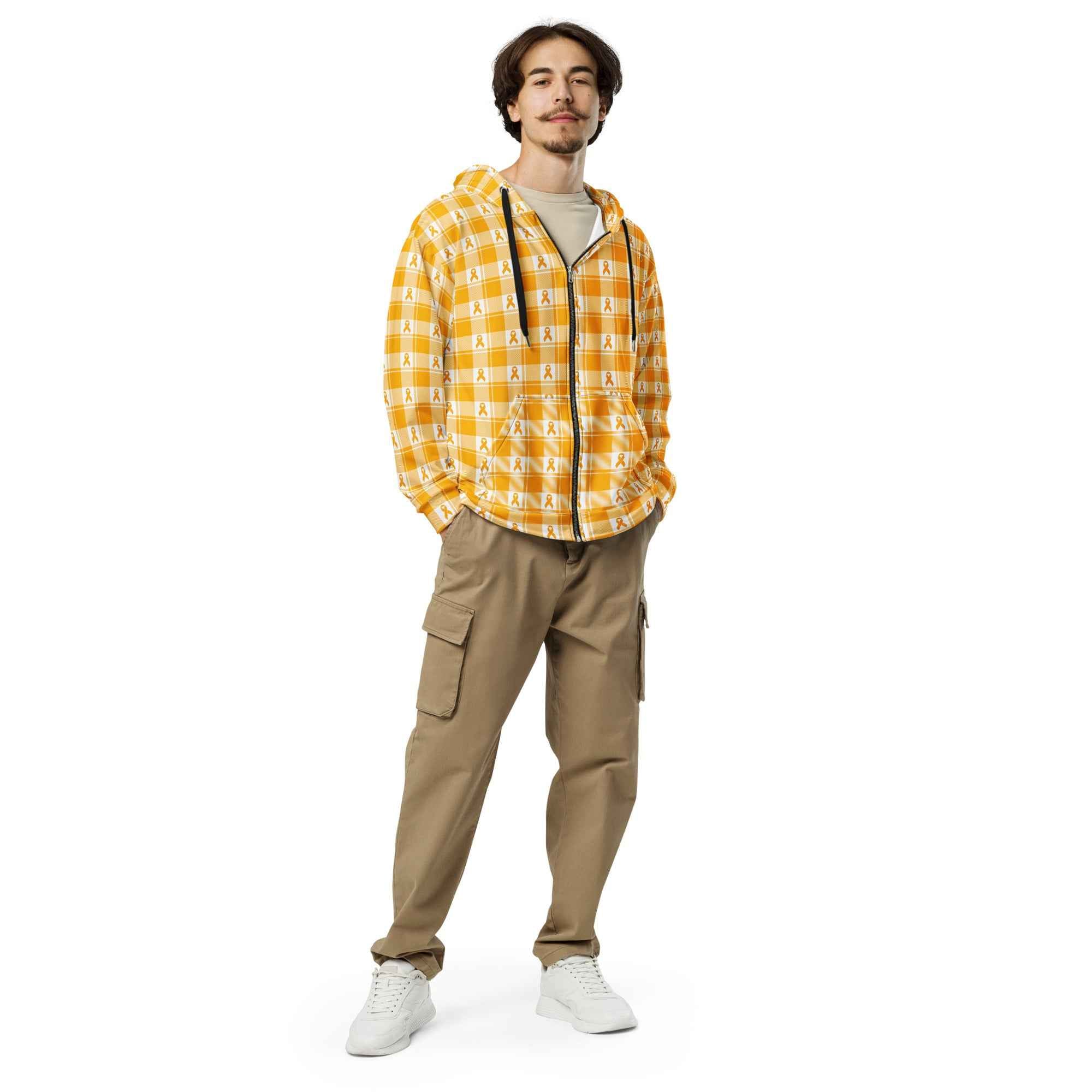 Unisex Zip Hoodie Kidney Cancer Awareness Plaid, Orange Ribbon, Supportive Gift - Scottish Squares