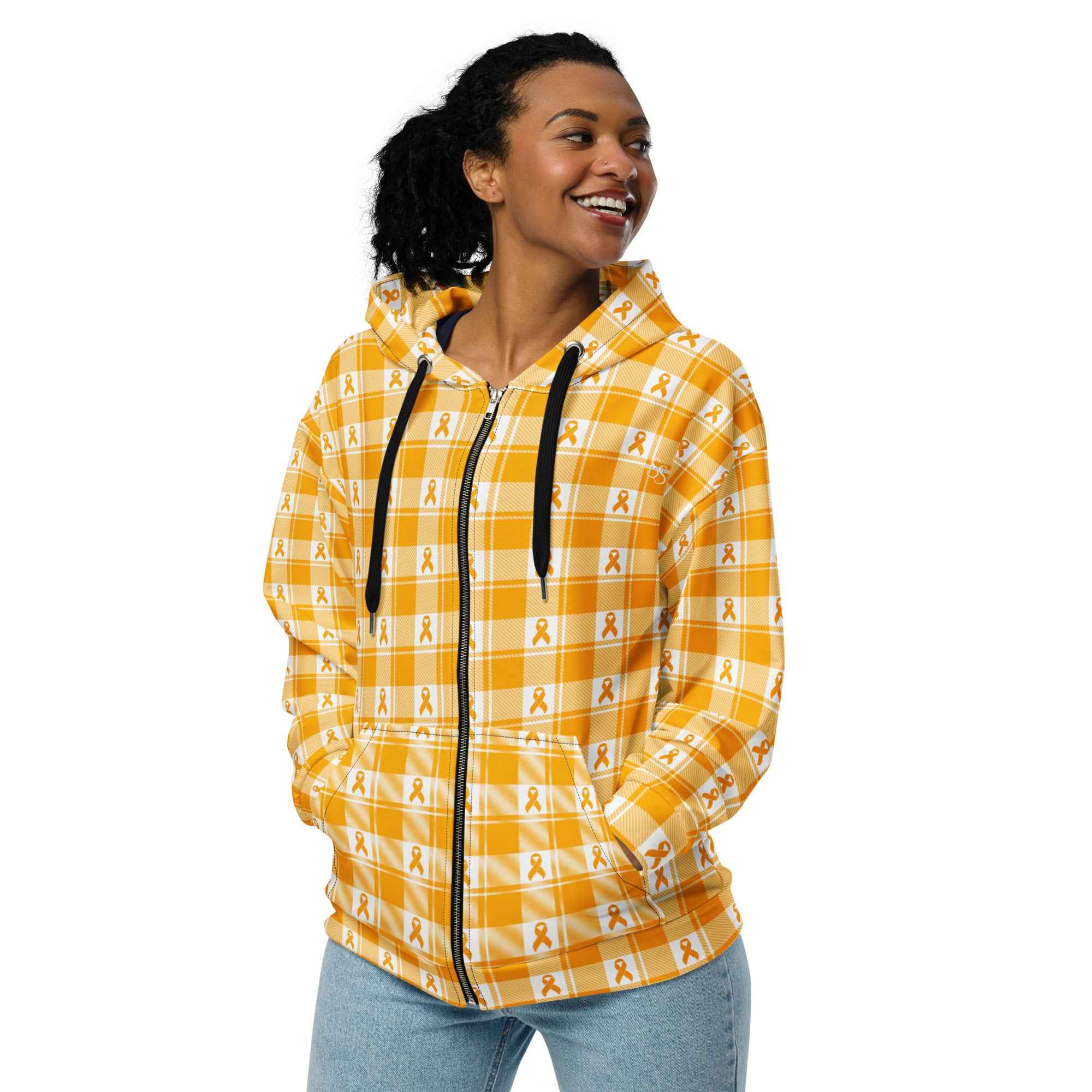 Unisex Zip Hoodie Kidney Cancer Awareness Plaid, Orange Ribbon, Supportive Gift 6XL - Scottish Squares