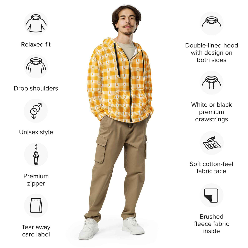 Unisex Zip Hoodie Kidney Cancer Awareness Plaid, Orange Ribbon, Supportive Gift - Scottish Squares