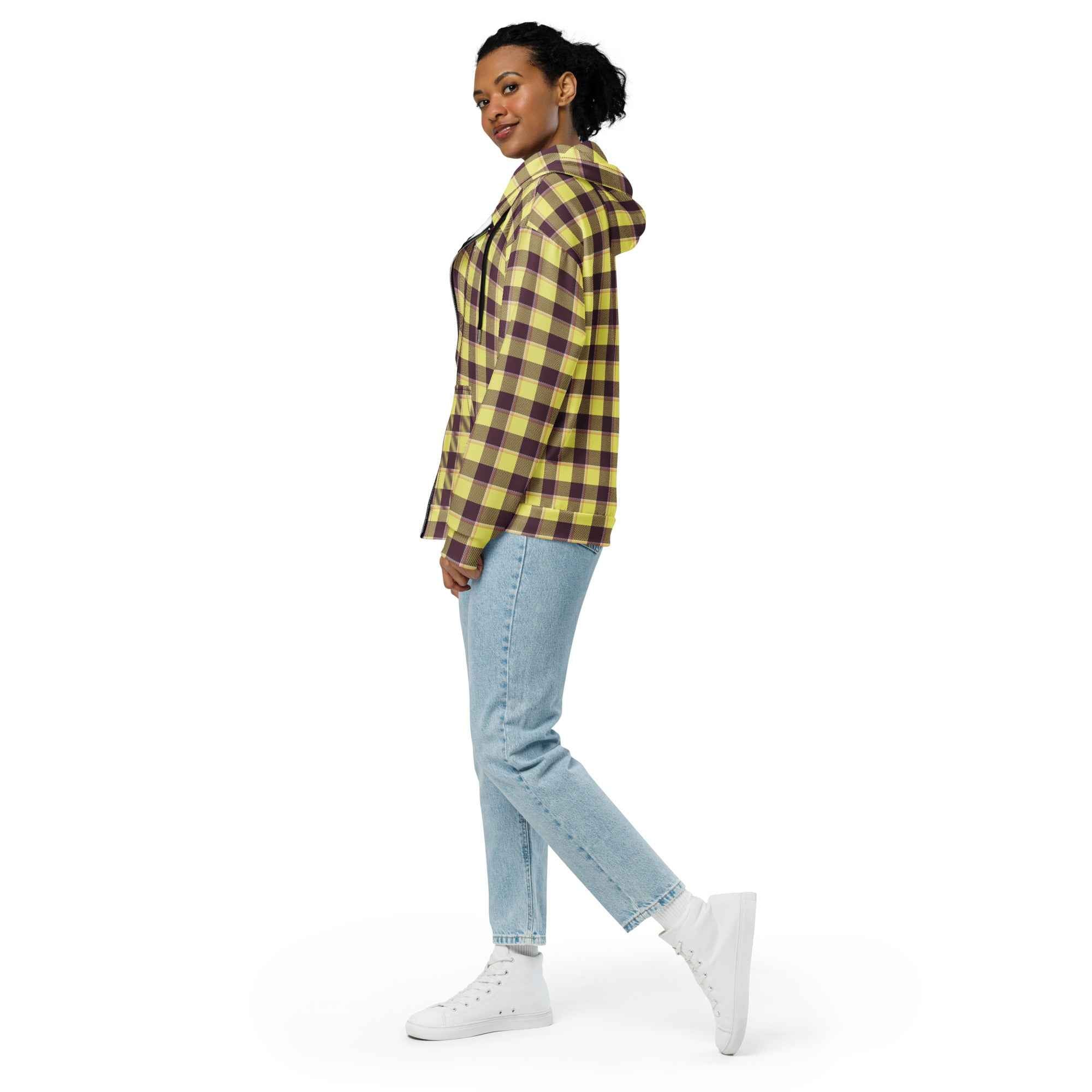 Unisex Zip Hoodie Flax and Livid Brown Plaid