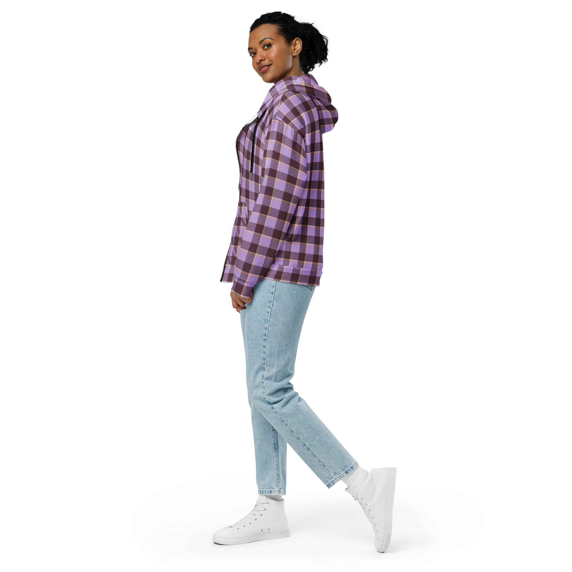 Unisex Zip Hoodie Light Wisteria and Livid Brown Plaid