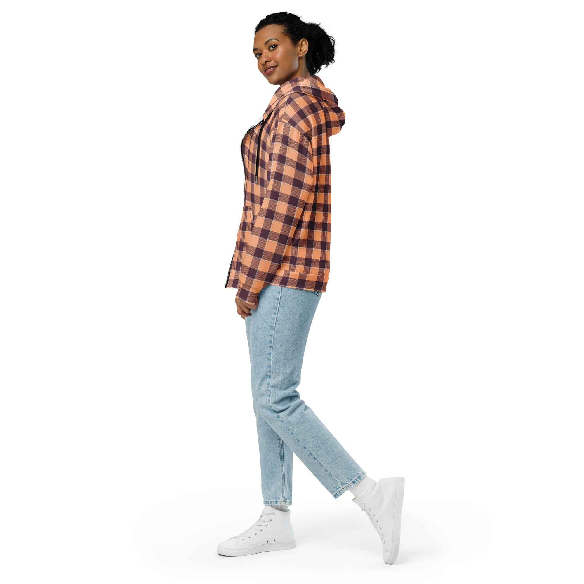 Unisex Zip Hoodie Hit Pink and Livid Brown Plaid
