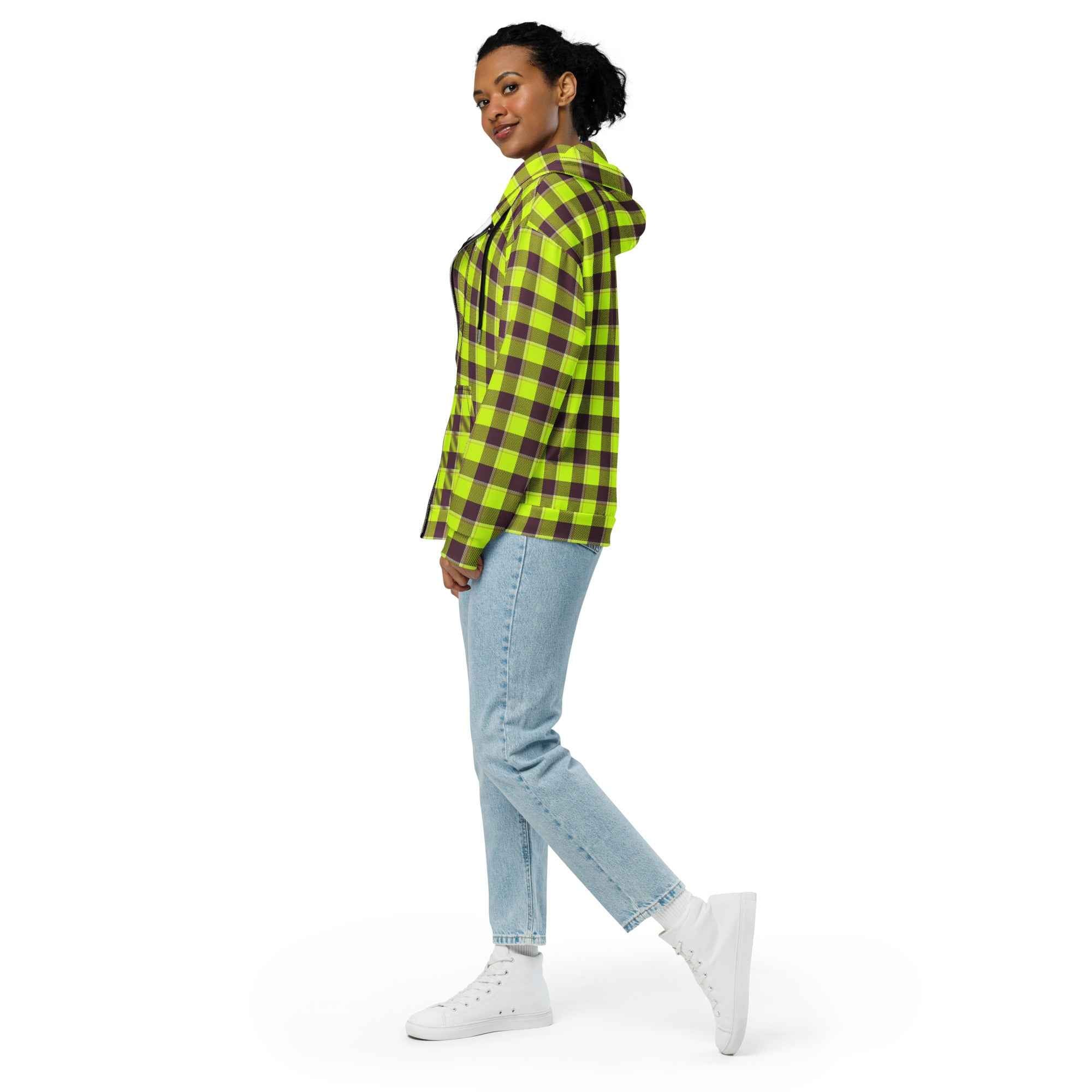 Unisex Zip Hoodie Electric Lime and Livid Brown Plaid