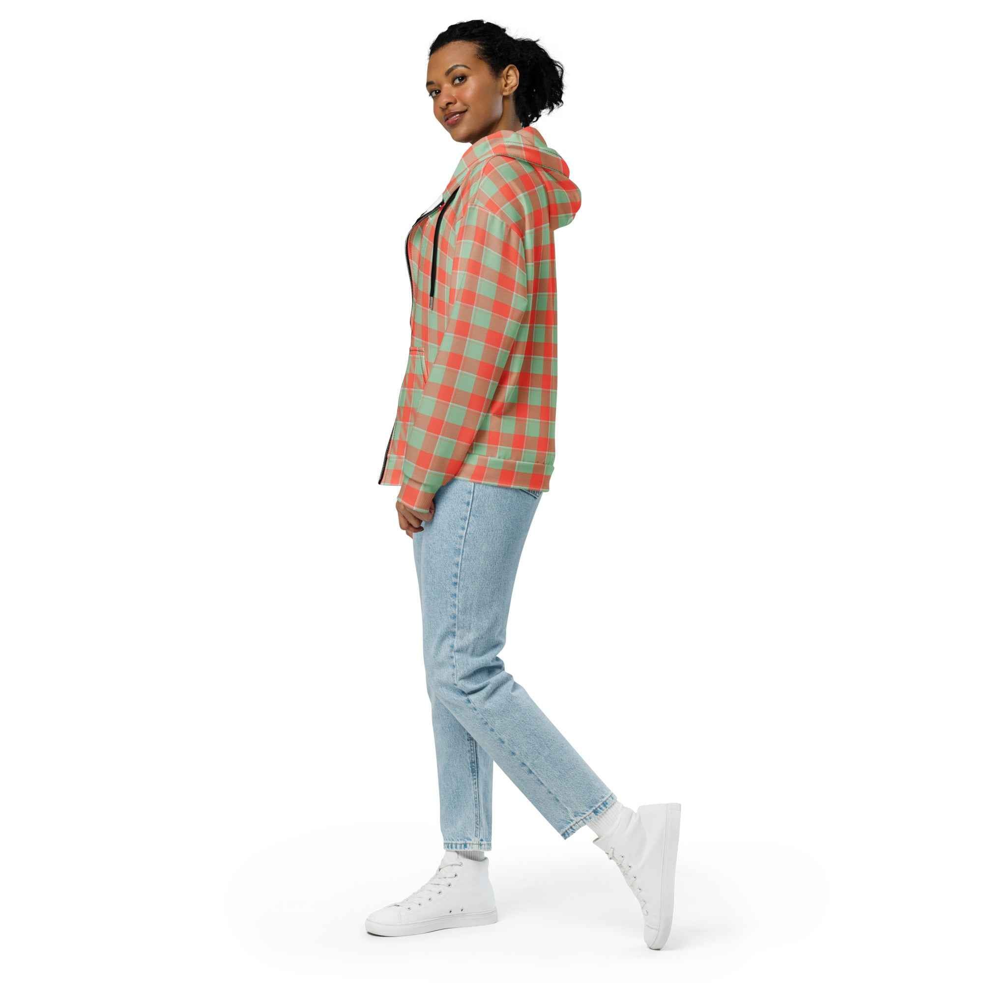 Unisex Zip Hoodie Spring Rain and Persimmon Plaid