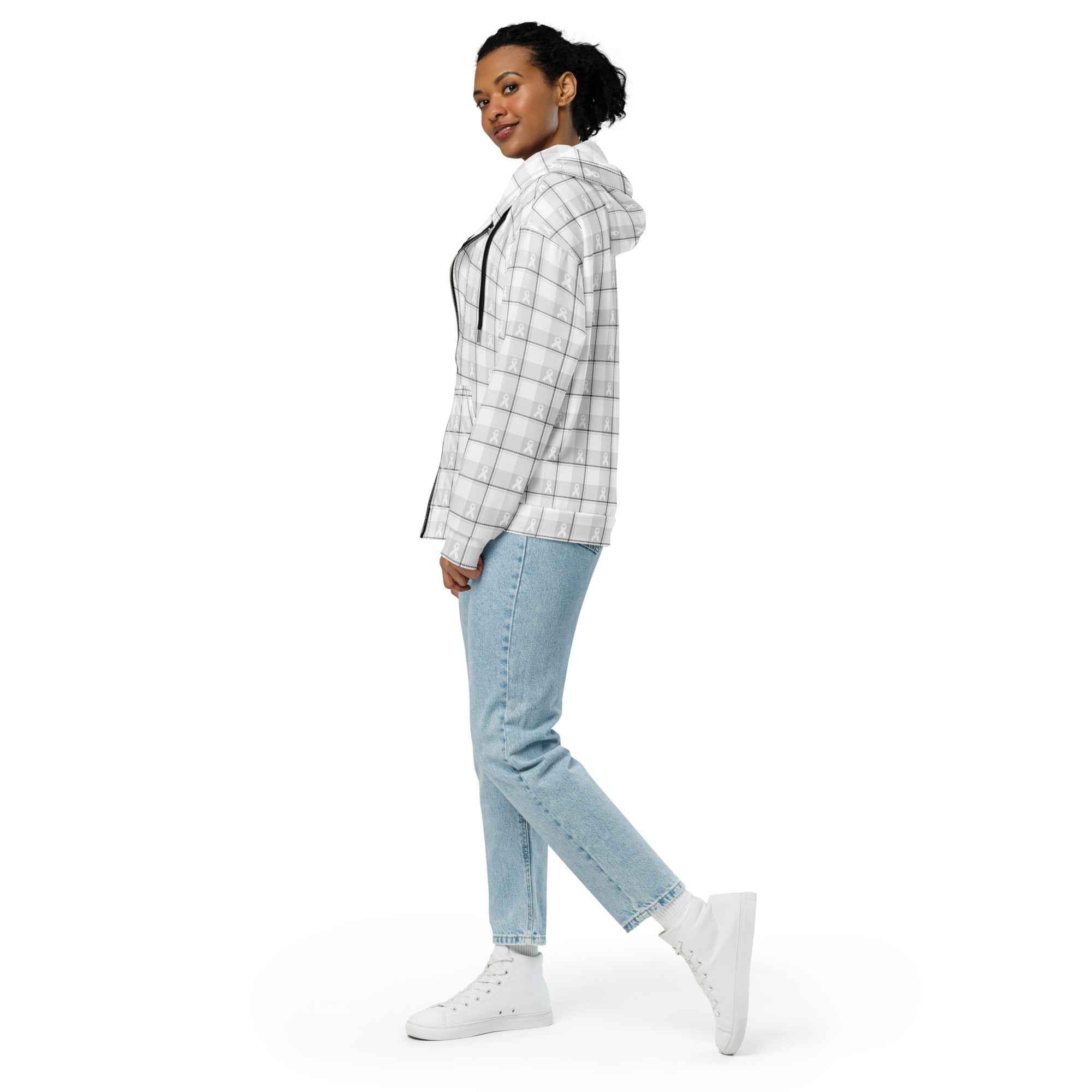 Unisex Zip Hoodie Lung Cancer Awareness Plaid, White Ribbon, Supportive Gift - Scottish Squares