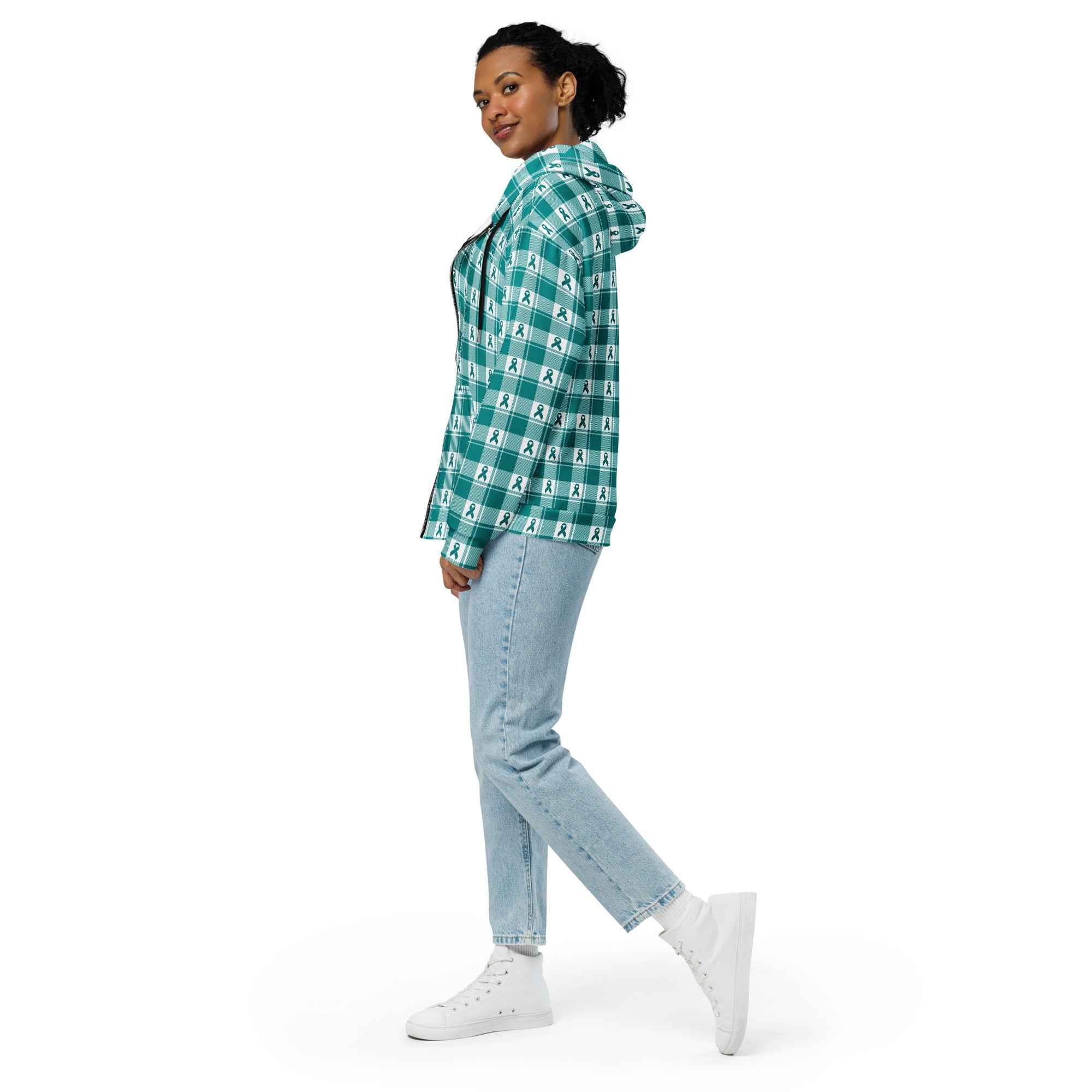Unisex Zip Hoodie Cervical Cancer Awareness Plaid, Teal Ribbon, Supportive Gift - Scottish Squares