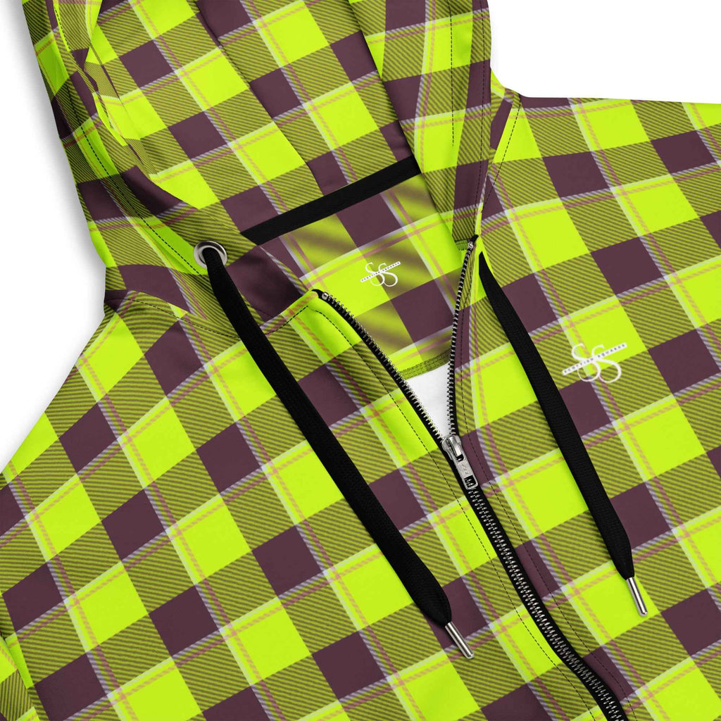 Unisex Zip Hoodie Electric Lime and Livid Brown Plaid