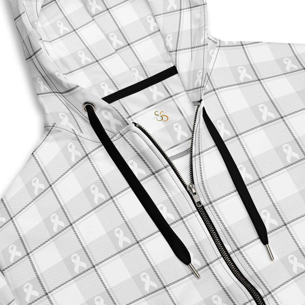 Unisex Zip Hoodie Lung Cancer Awareness Plaid, White Ribbon, Supportive Gift - Scottish Squares