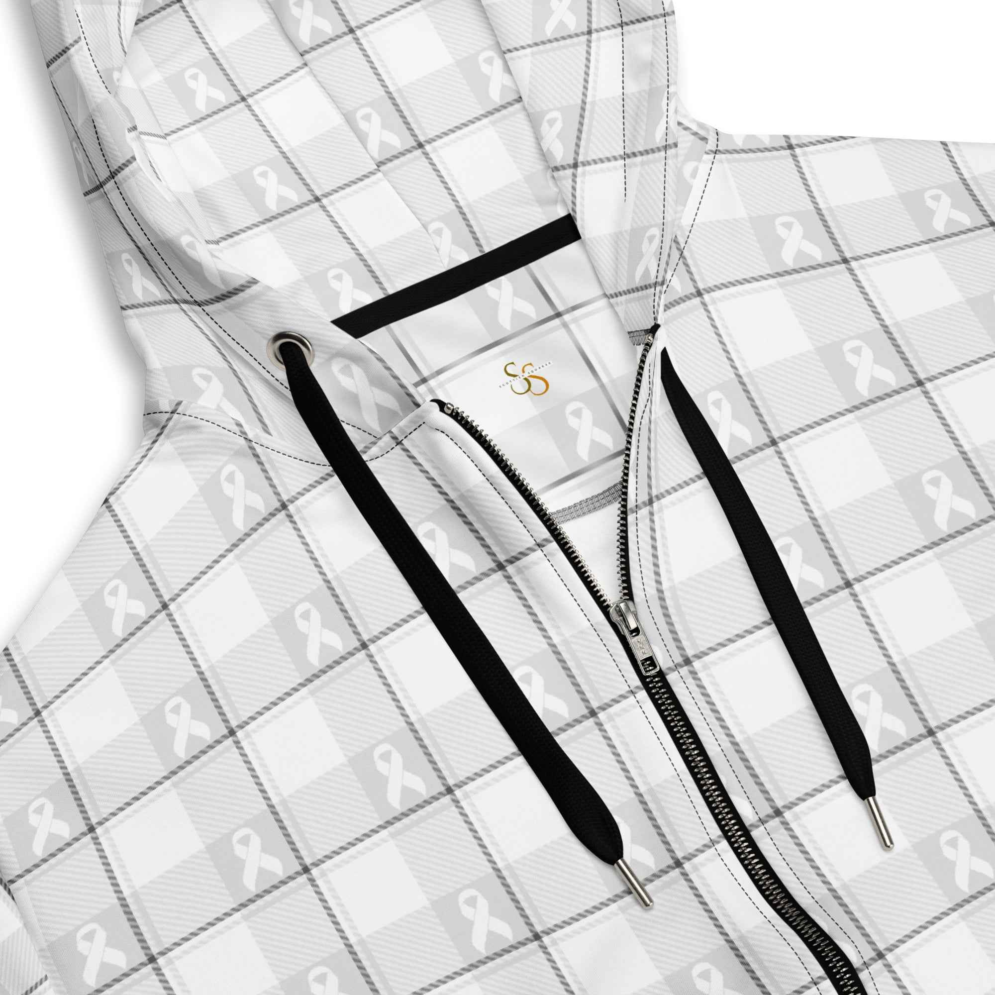 Unisex Zip Hoodie Lung Cancer Awareness Plaid, White Ribbon, Supportive Gift - Scottish Squares