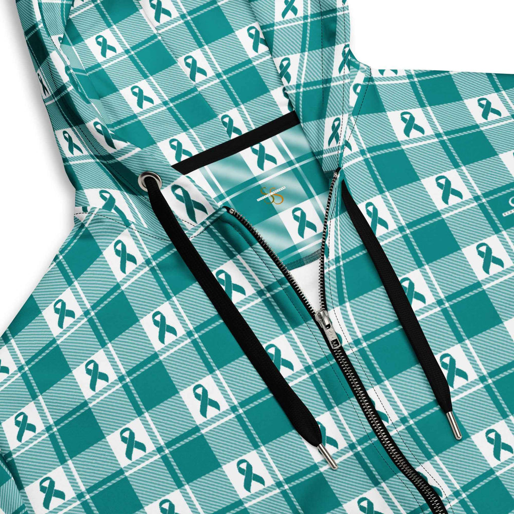 Unisex Zip Hoodie Cervical Cancer Awareness Plaid, Teal Ribbon, Supportive Gift - Scottish Squares