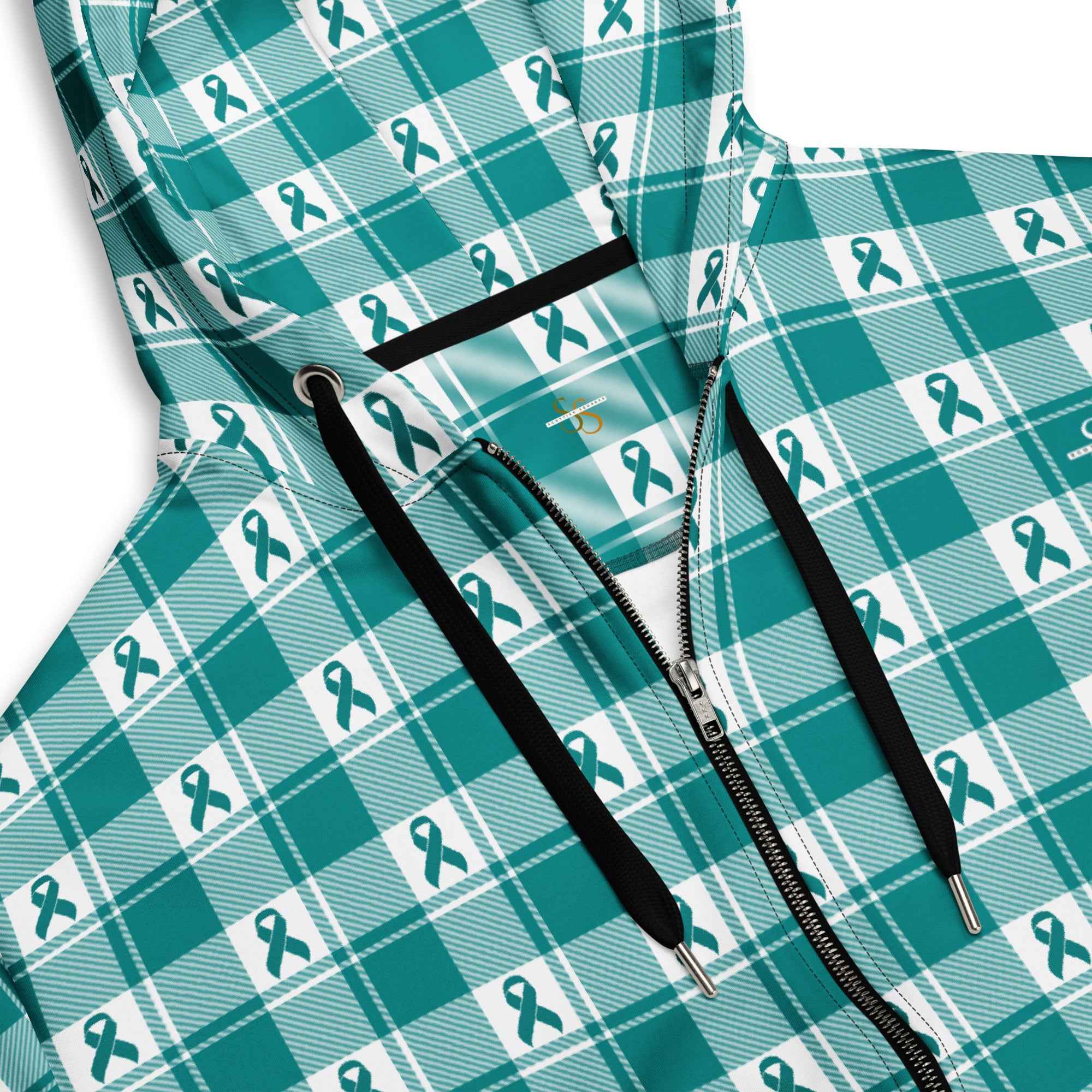 Unisex Zip Hoodie Cervical Cancer Awareness Plaid, Teal Ribbon, Supportive Gift - Scottish Squares