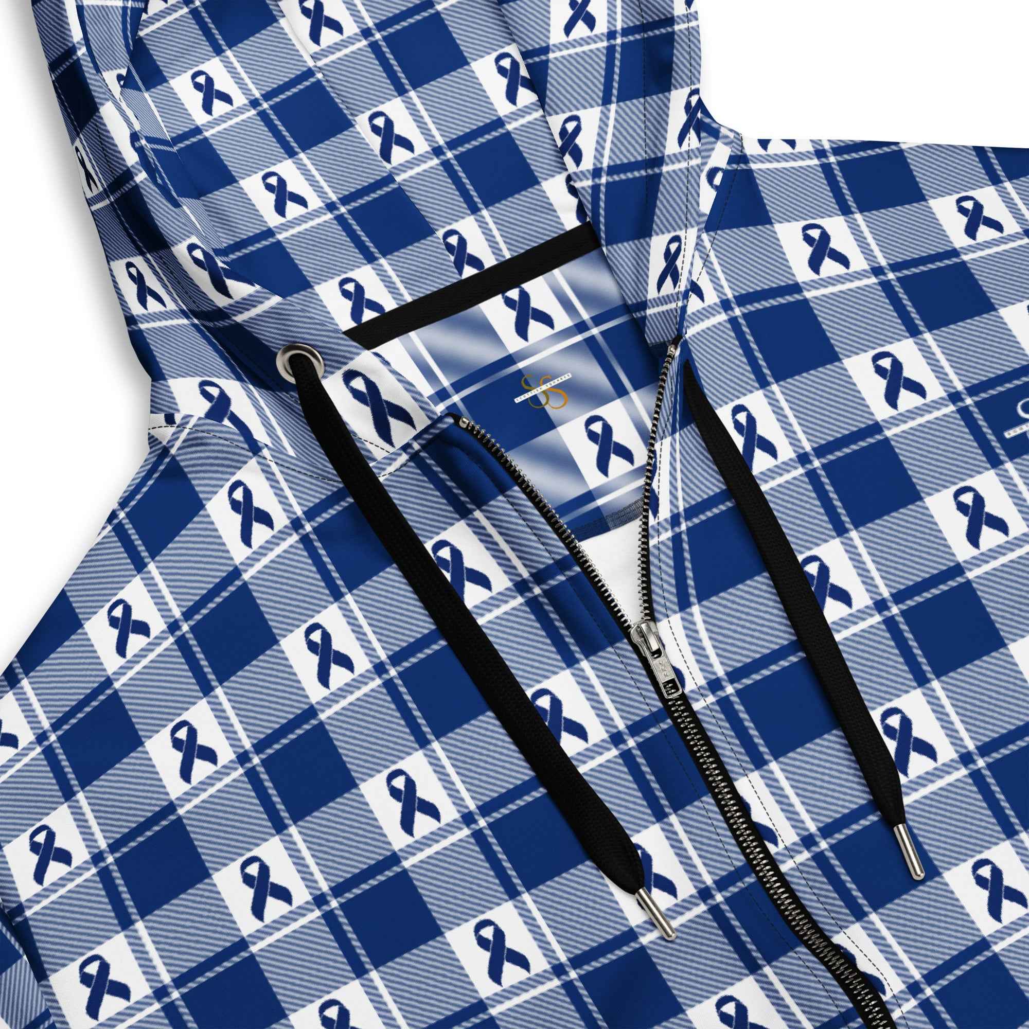 Unisex Zip Hoodie Colorectal Cancer Awareness Plaid, Dark Blue Ribbon, Supportive Gift - Scottish Squares