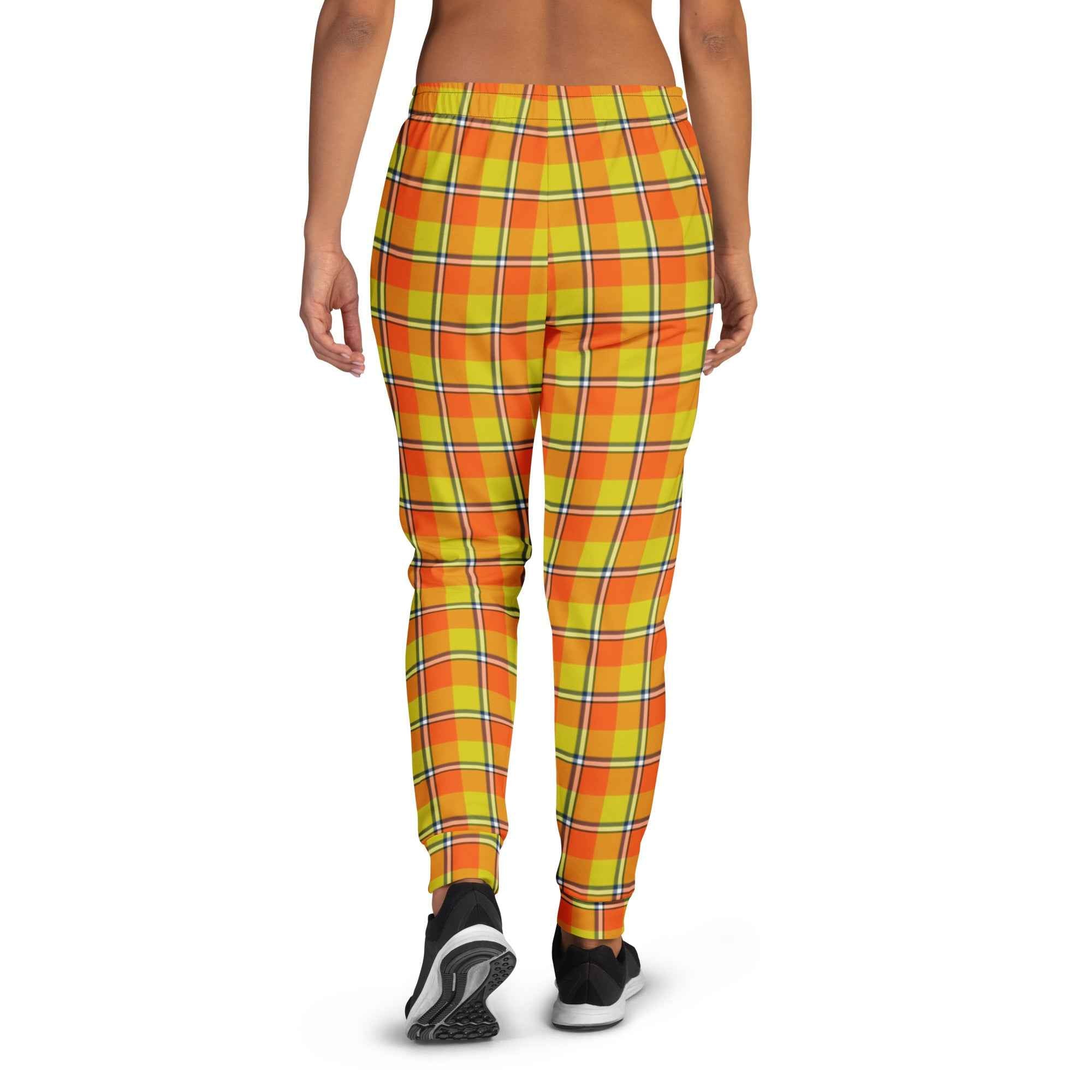Blaze Orange and Bird Flower Plaid Women's Joggers - Scottish Squares