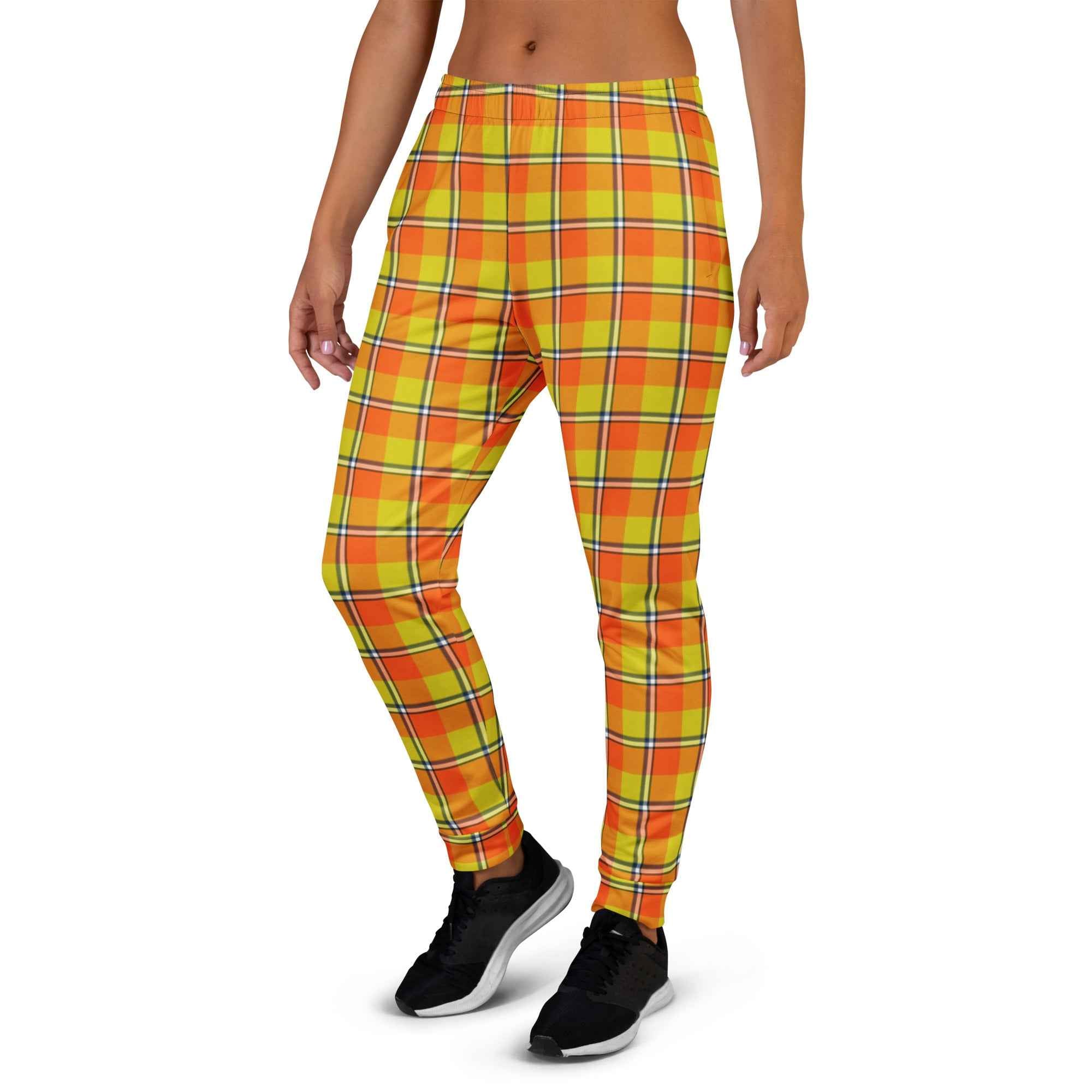 Blaze Orange and Bird Flower Plaid Women's Joggers - Scottish Squares