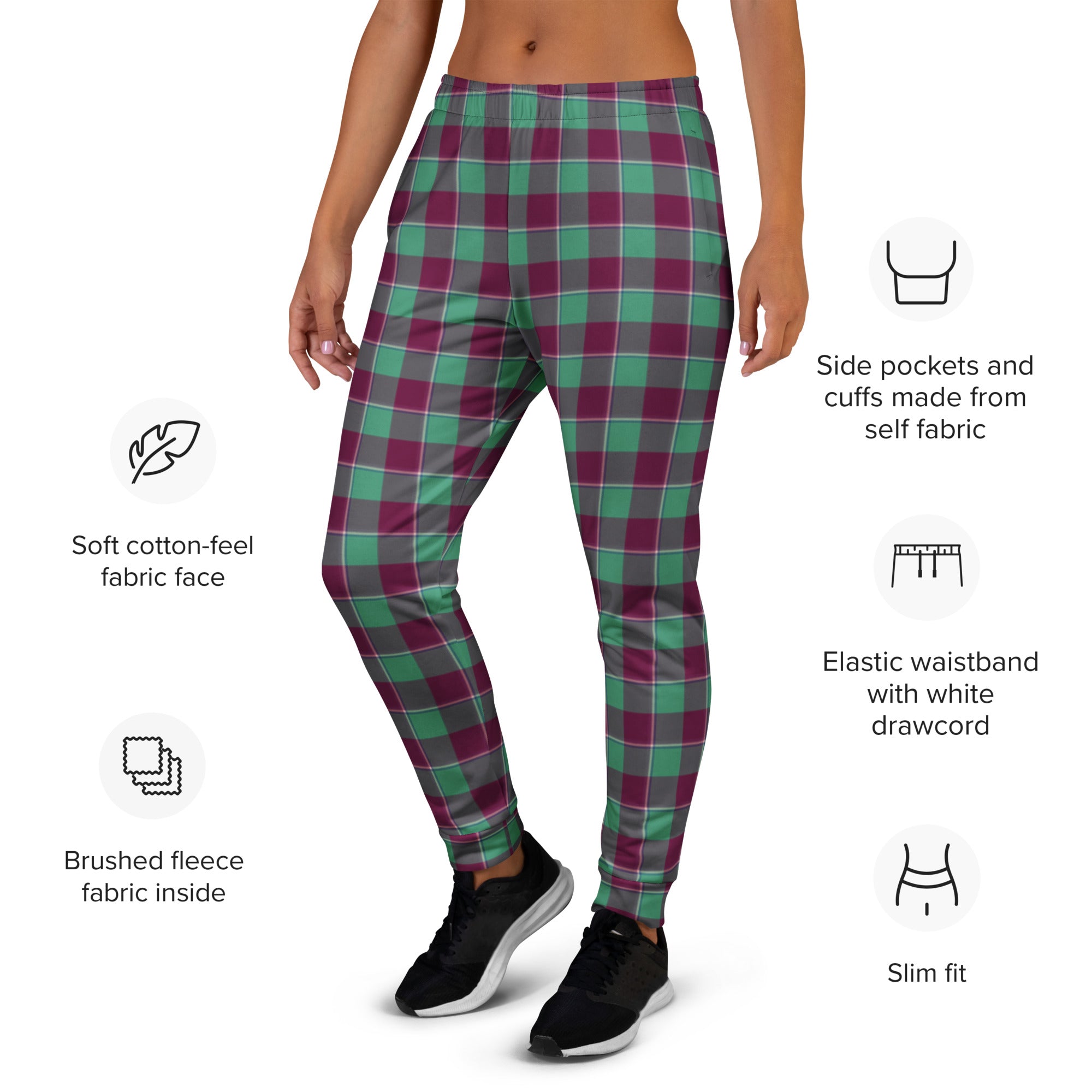Ocean Green and Mulberry Wood Plaid Women's Joggers - Scottish Squares