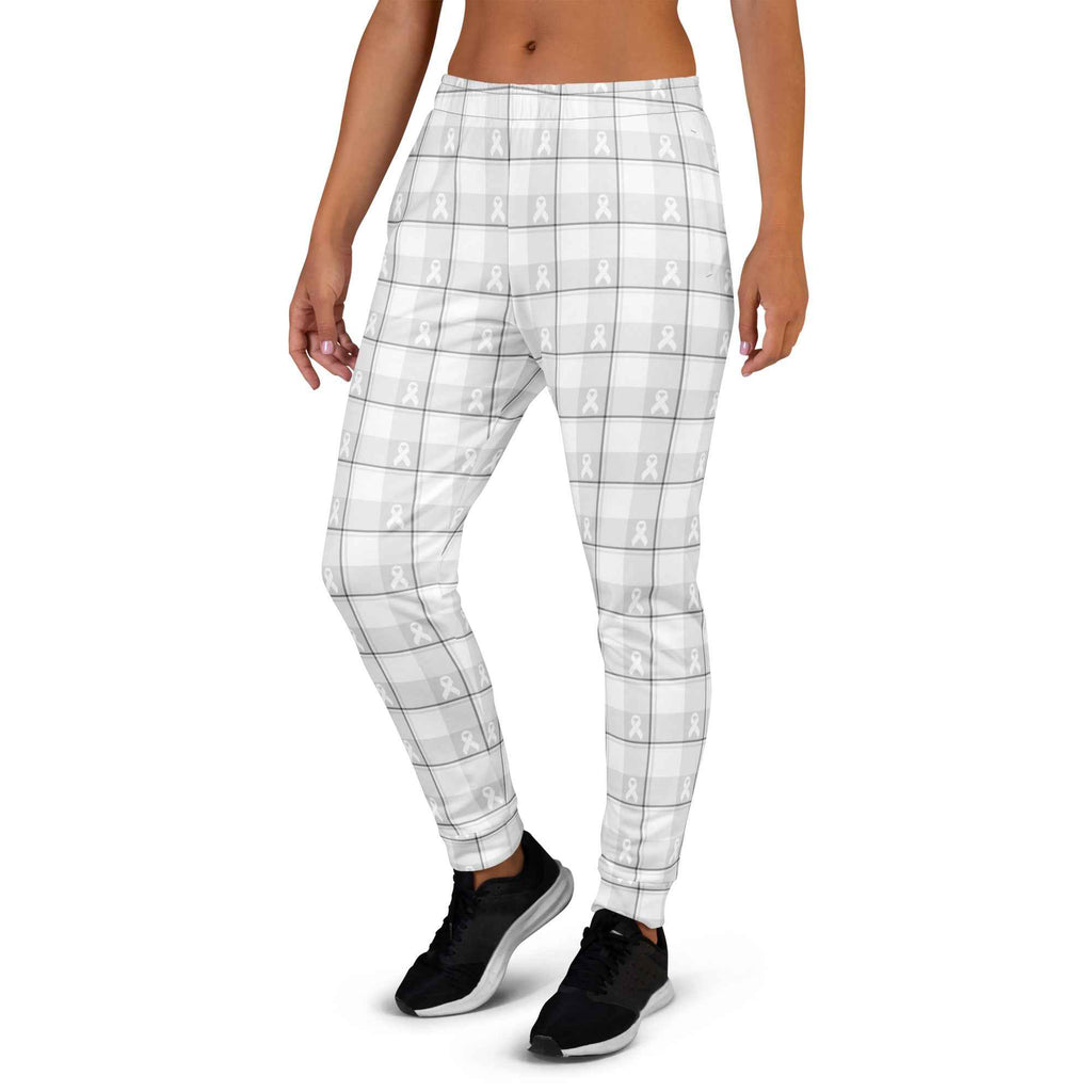 Women's Joggers Lung Cancer Awareness Plaid, White Ribbon, Supportive Gift - Scottish Squares