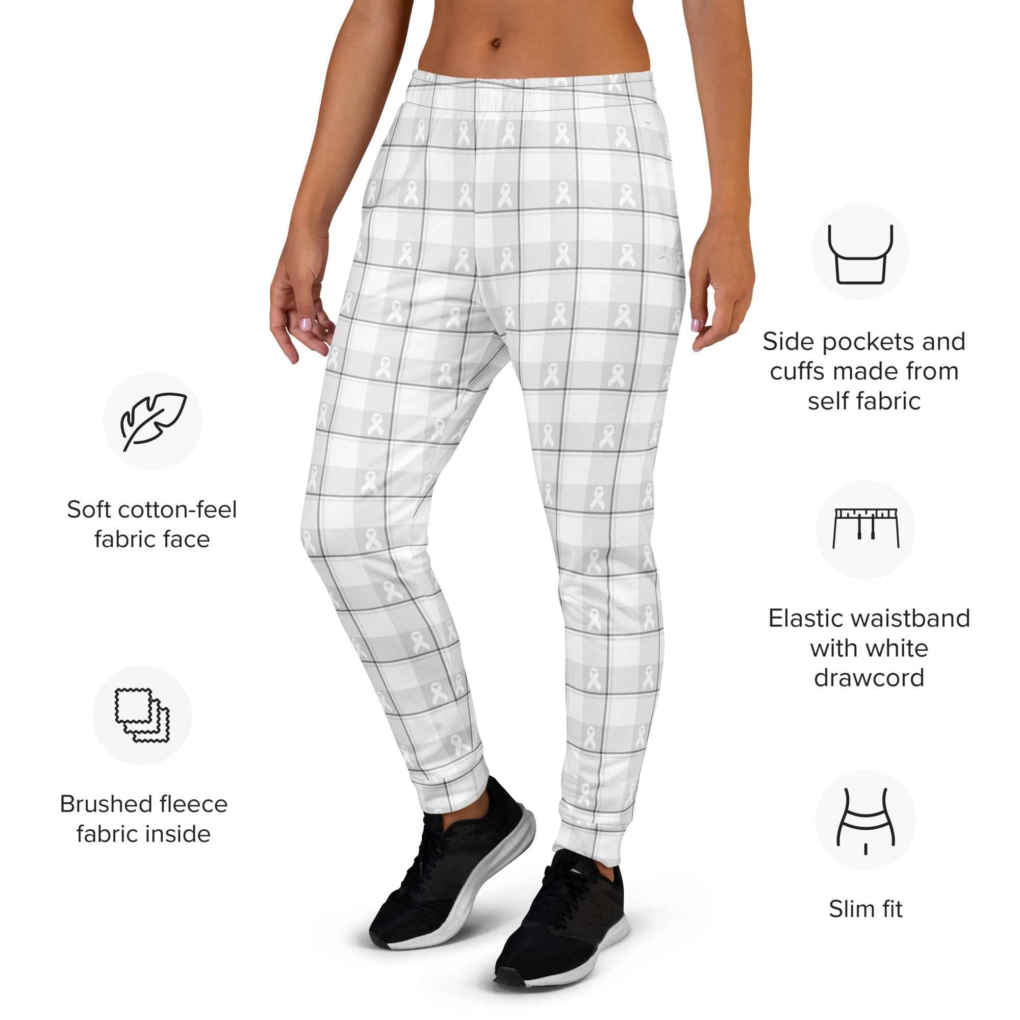 Women's Joggers Lung Cancer Awareness Plaid, White Ribbon, Supportive Gift - Scottish Squares