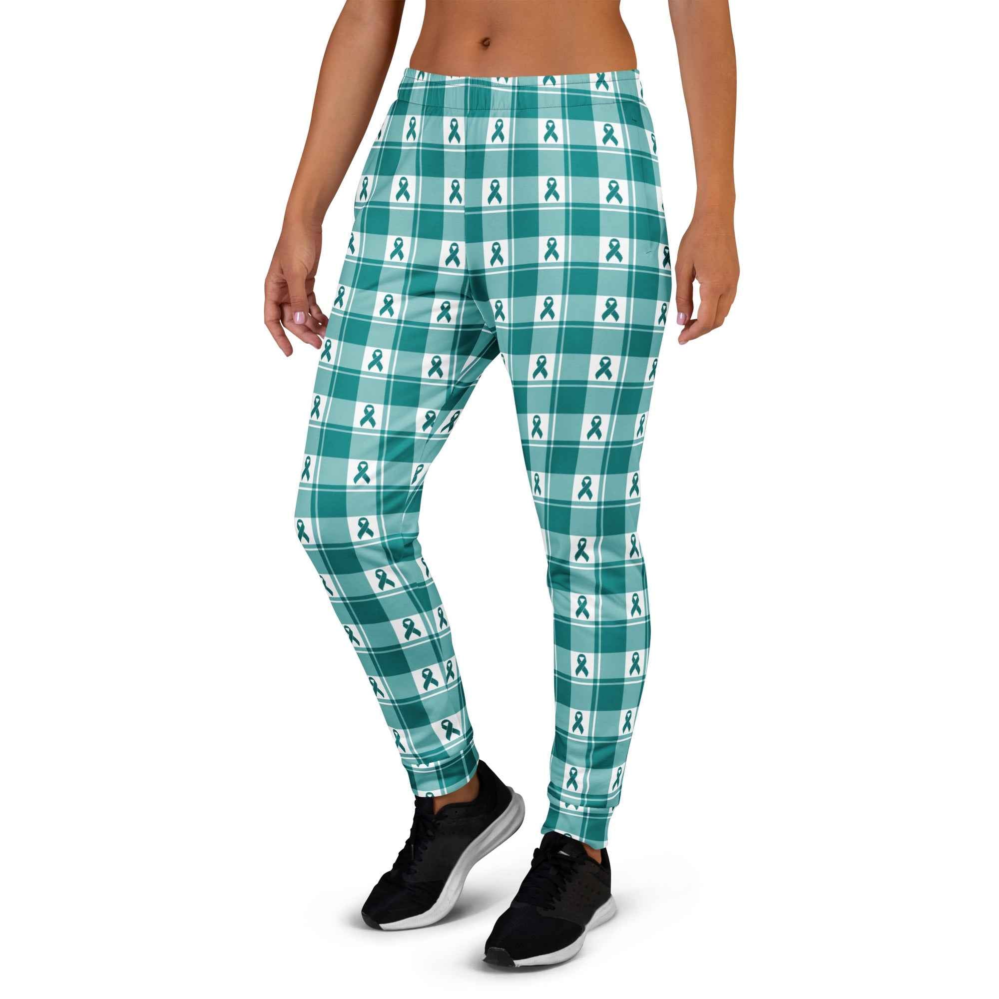 Women's Joggers Cervical Cancer Awareness Plaid, Teal Ribbon, Supportive Gift - Scottish Squares