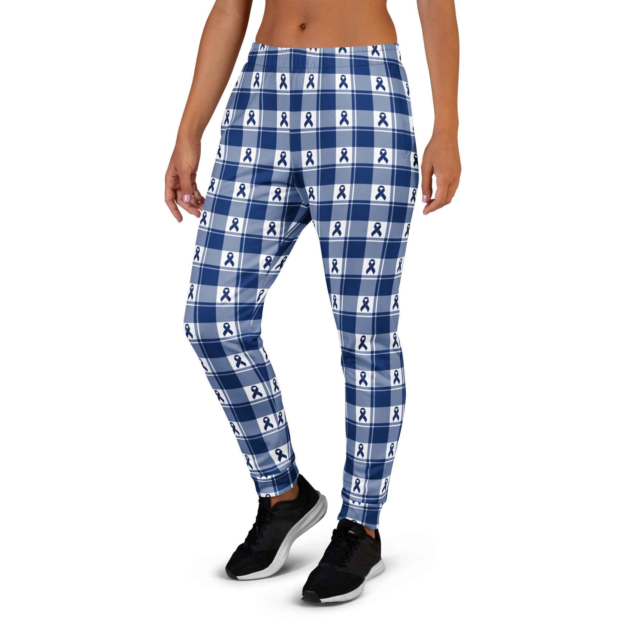 Women's Joggers Colorectal Cancer Awareness Plaid, Dark Blue Ribbon, Supportive Gift - Scottish Squares