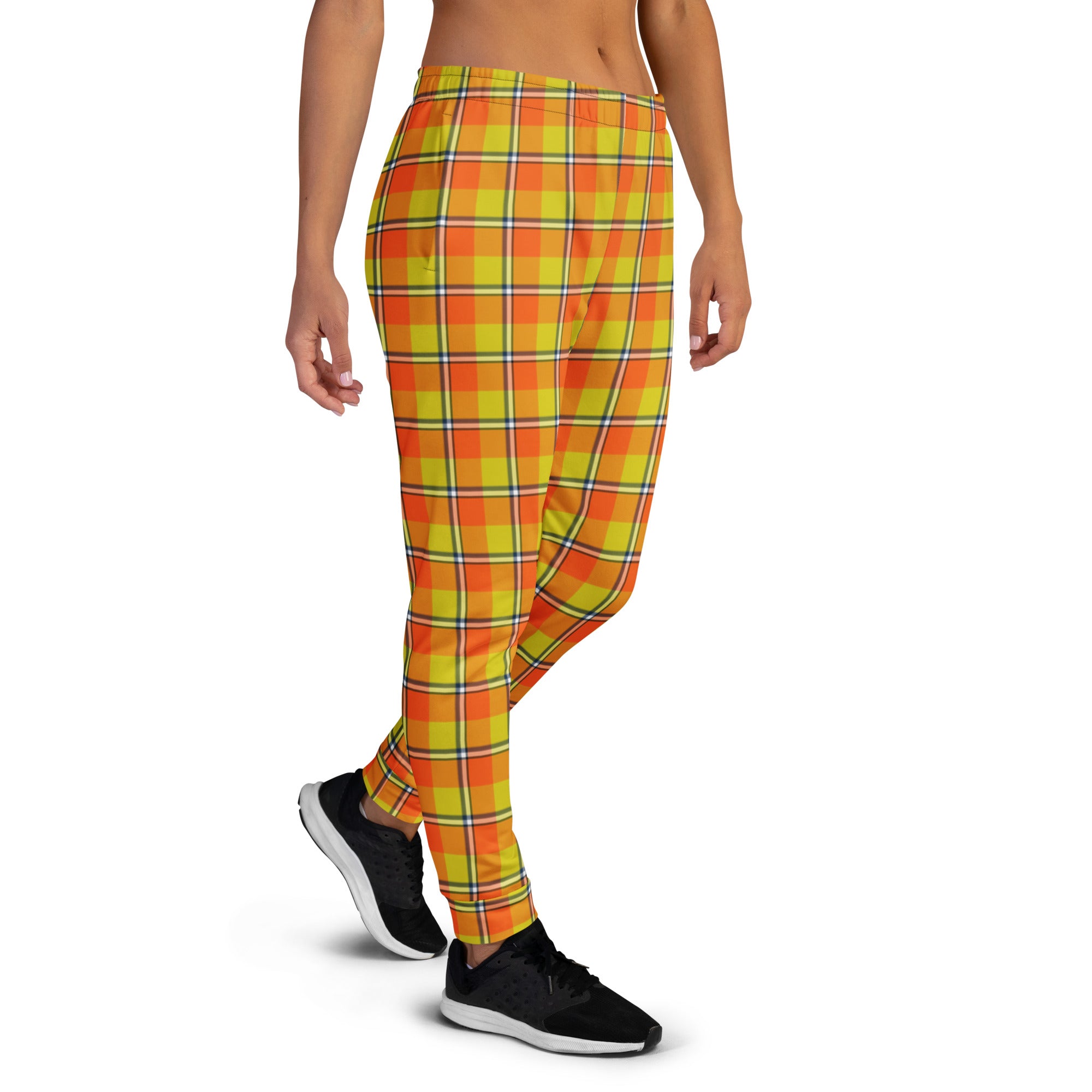 Blaze Orange and Bird Flower Plaid Women's Joggers - Scottish Squares
