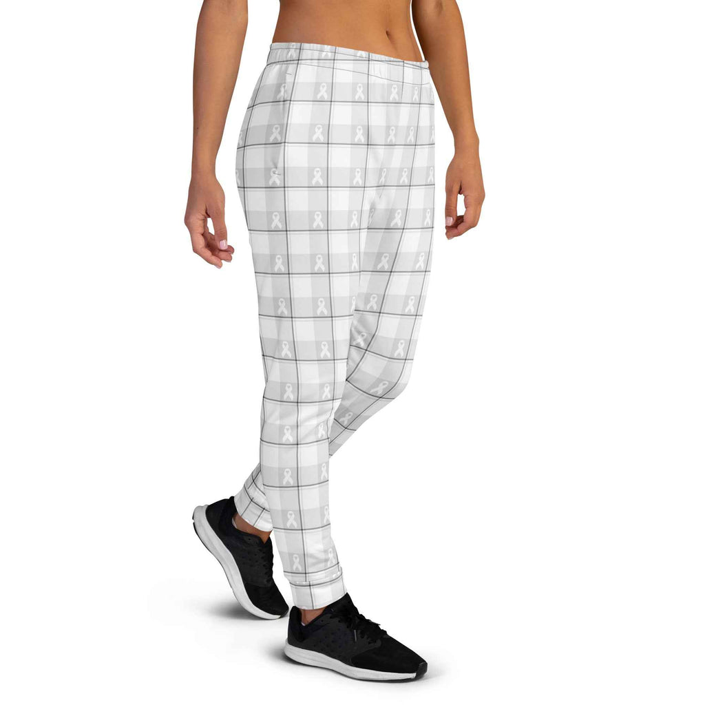 Women's Joggers Lung Cancer Awareness Plaid, White Ribbon, Supportive Gift - Scottish Squares