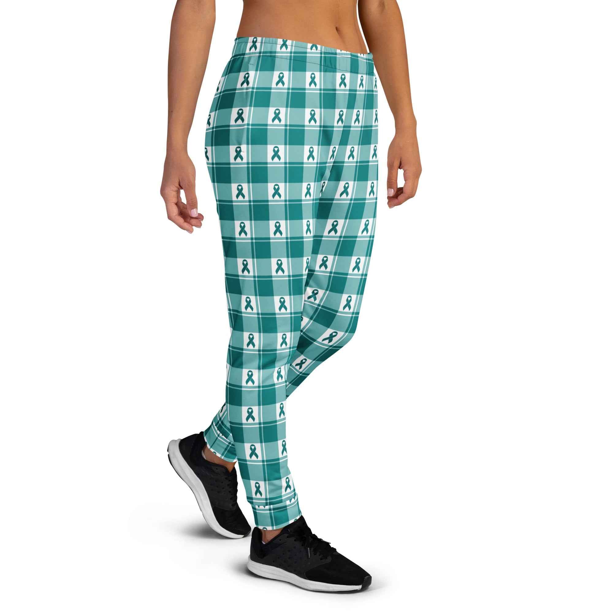 Women's Joggers Cervical Cancer Awareness Plaid, Teal Ribbon, Supportive Gift - Scottish Squares