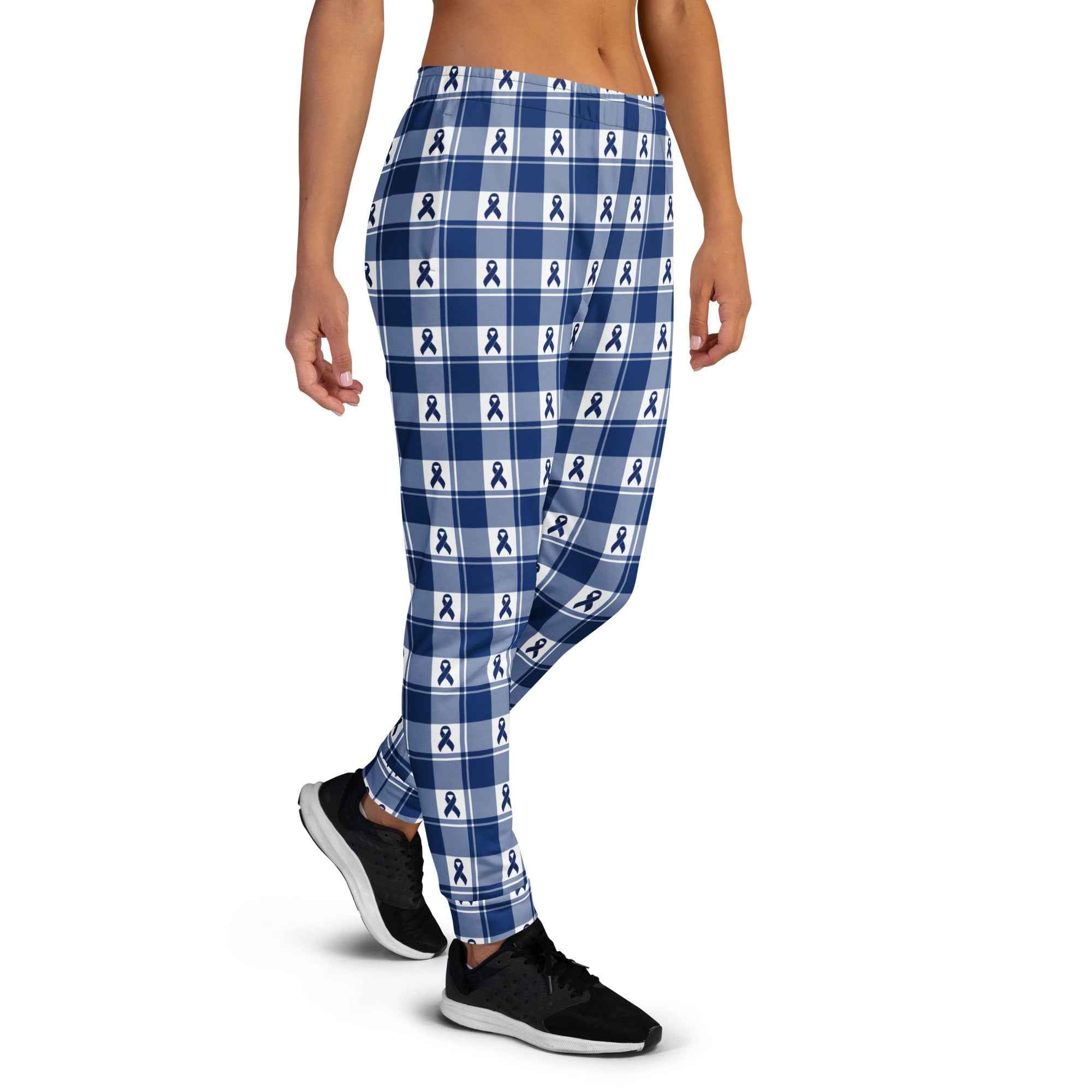 Women's Joggers Colorectal Cancer Awareness Plaid, Dark Blue Ribbon, Supportive Gift - Scottish Squares