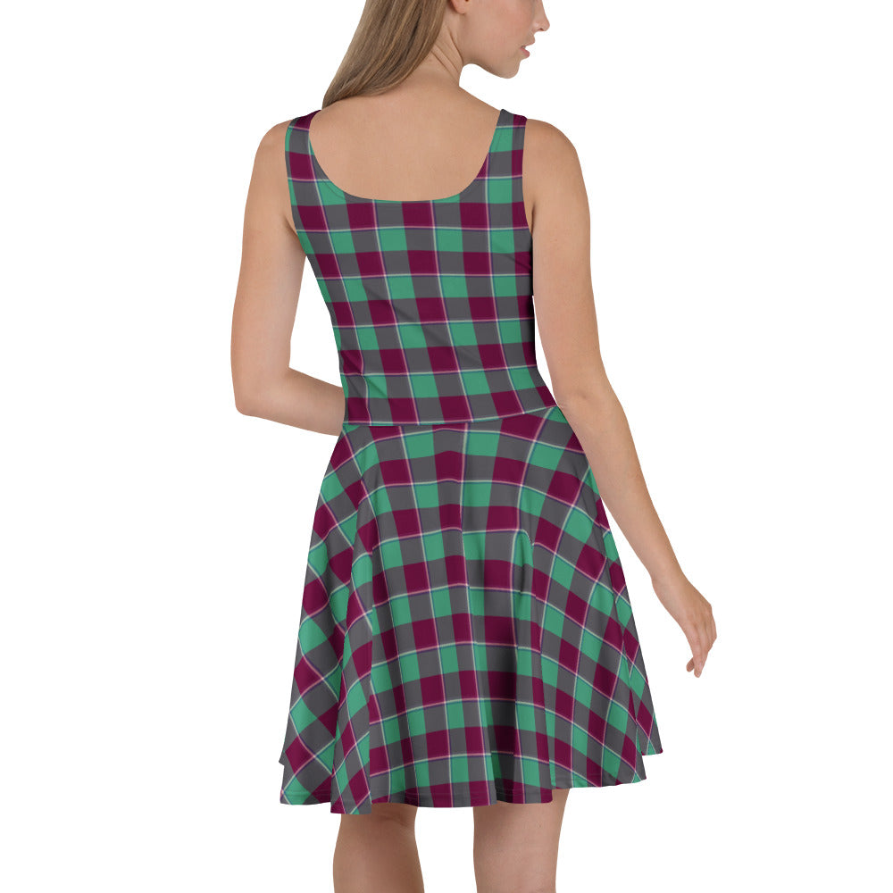 Ocean Green and Mulberry Wood Plaid Skater Dress - Scottish Squares