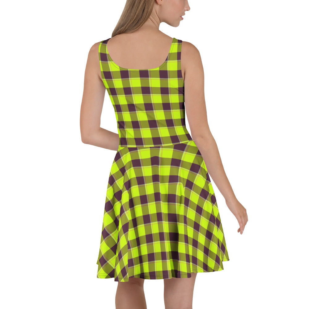 Electric Lime and Livid Brown Plaid Skater Dress - Scottish Squares
