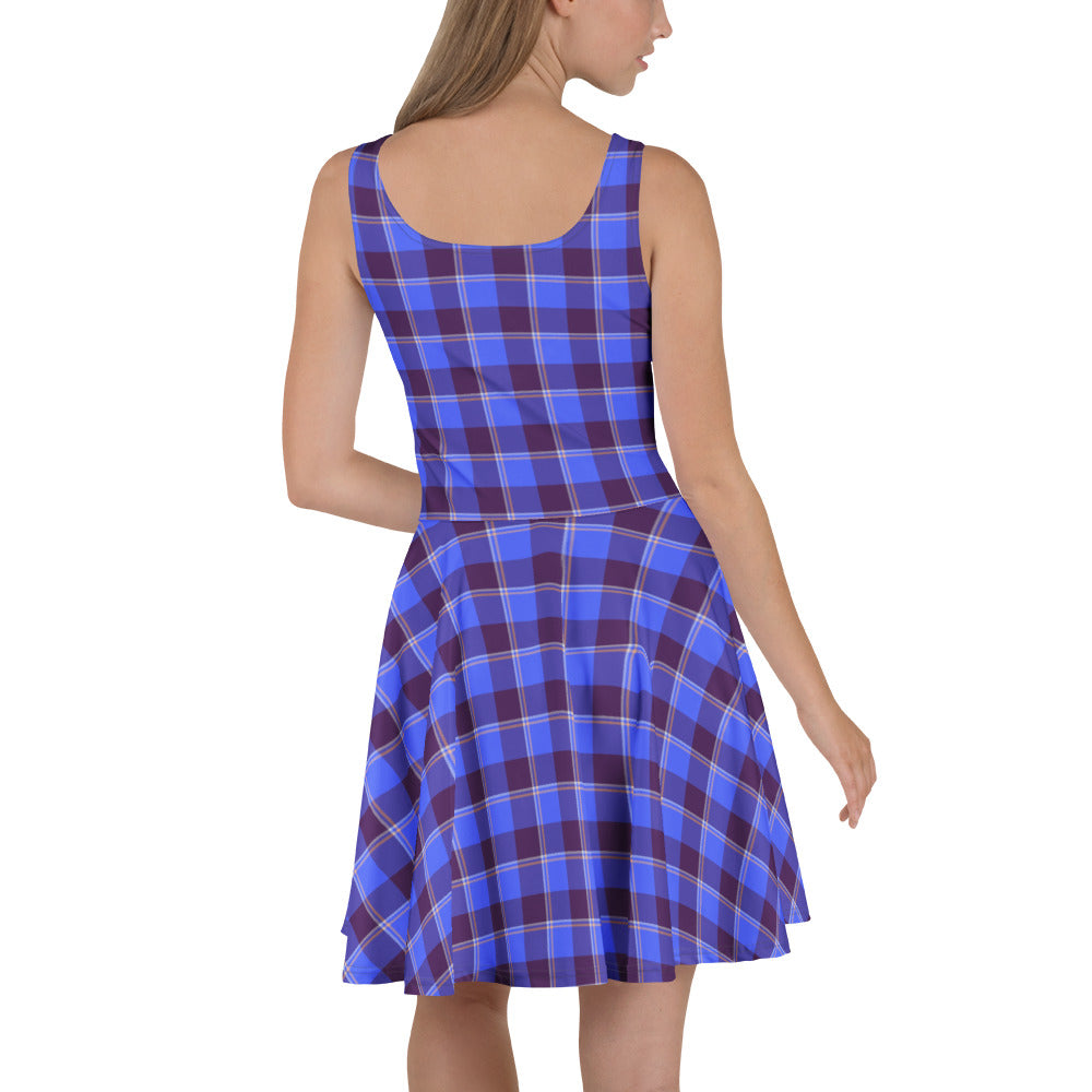 Cornflower Blue and Livid Brown Plaid Skater Dress - Scottish Squares