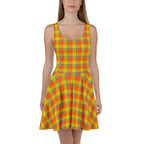 Blaze Orange and Bird Flower Plaid Skater Dress - Scottish Squares