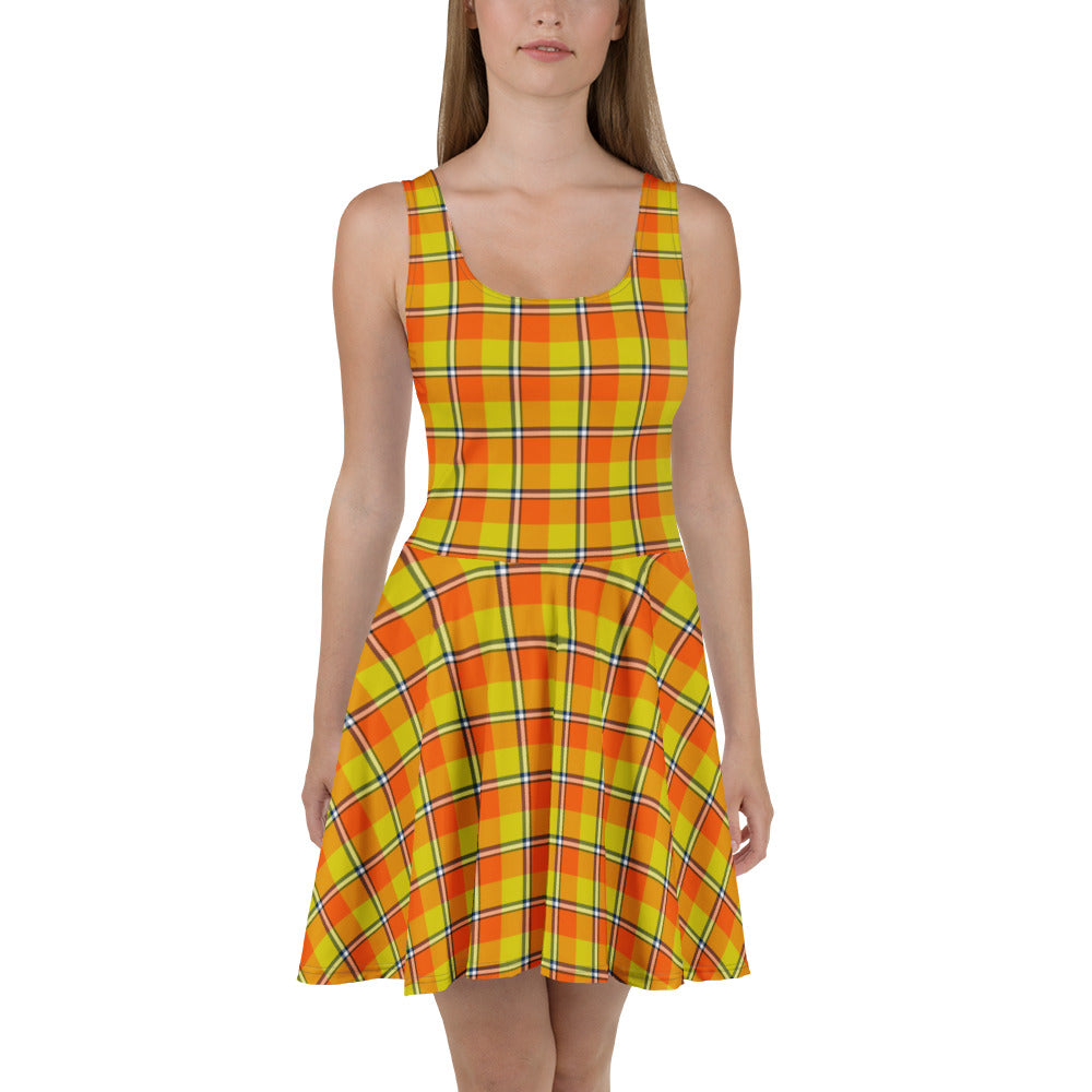 Blaze Orange and Bird Flower Plaid Skater Dress - Scottish Squares