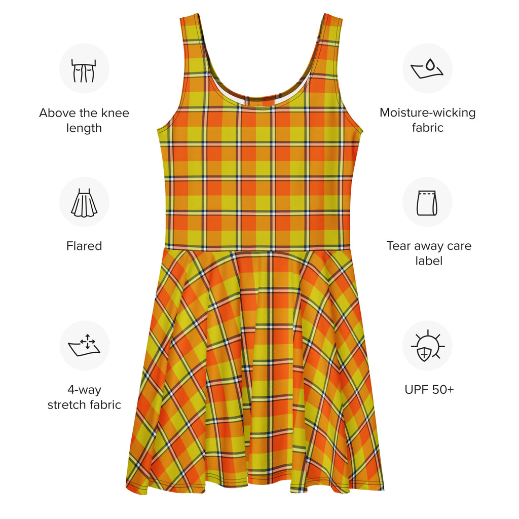 Blaze Orange and Bird Flower Plaid Skater Dress - Scottish Squares