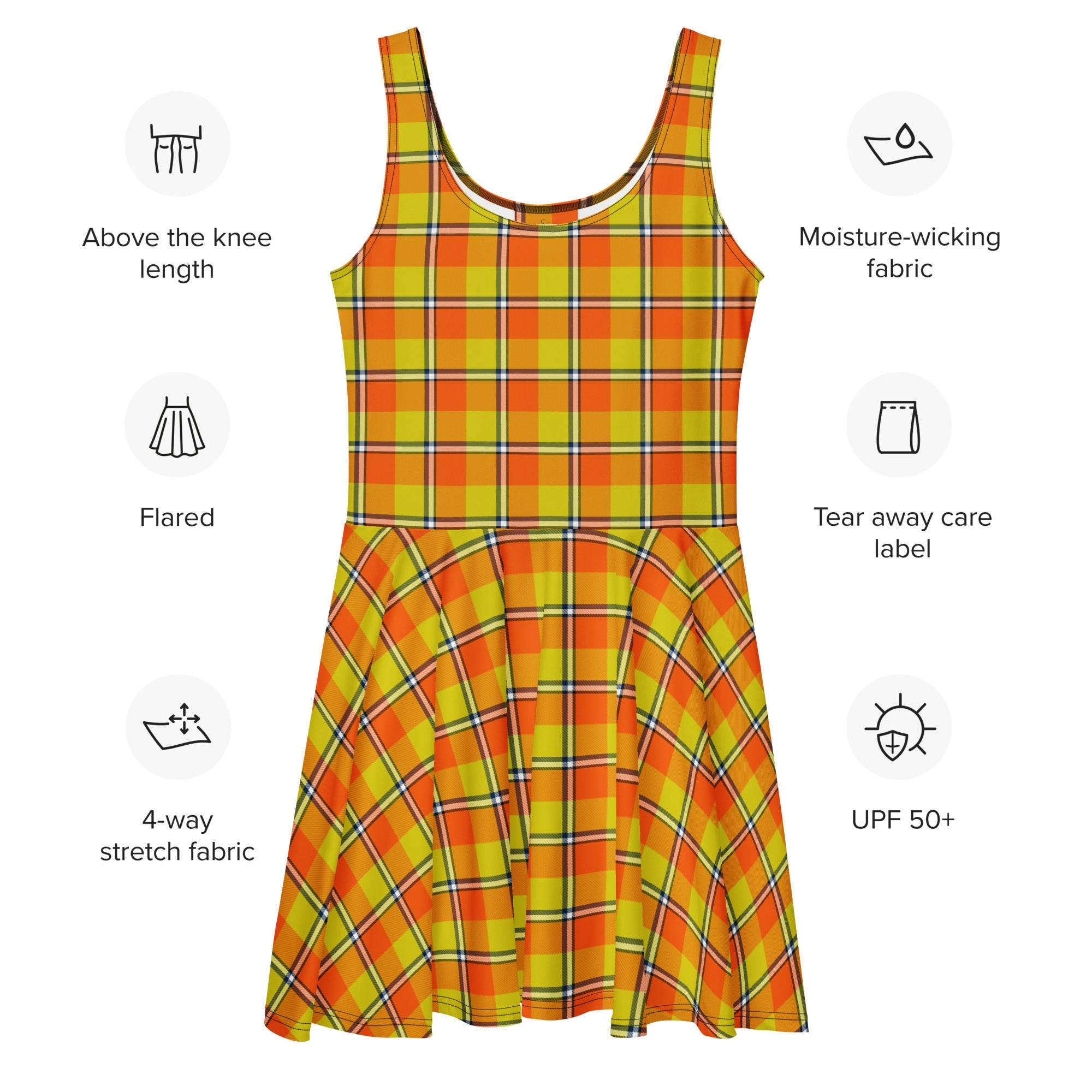 Blaze Orange and Bird Flower Plaid Skater Dress - Scottish Squares