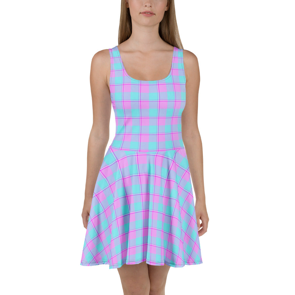 Mauve and Coastal Mist Plaid Skater Dress - Scottish Squares