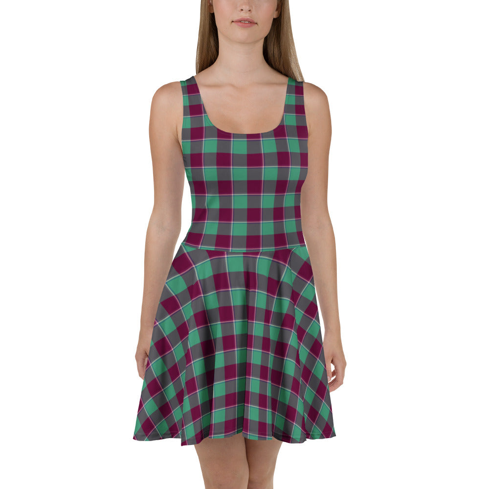 Ocean Green and Mulberry Wood Plaid Skater Dress - Scottish Squares