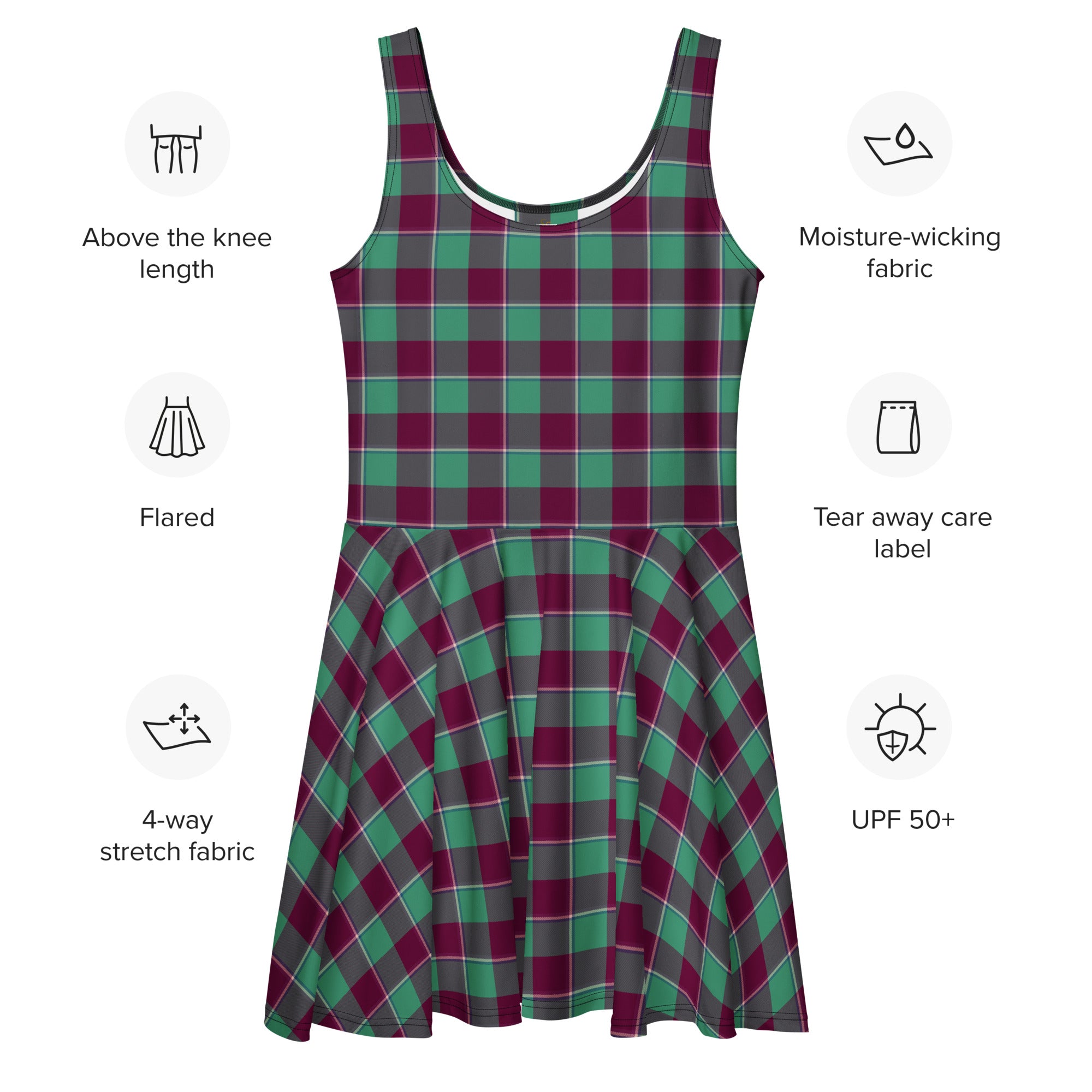 Ocean Green and Mulberry Wood Plaid Skater Dress - Scottish Squares